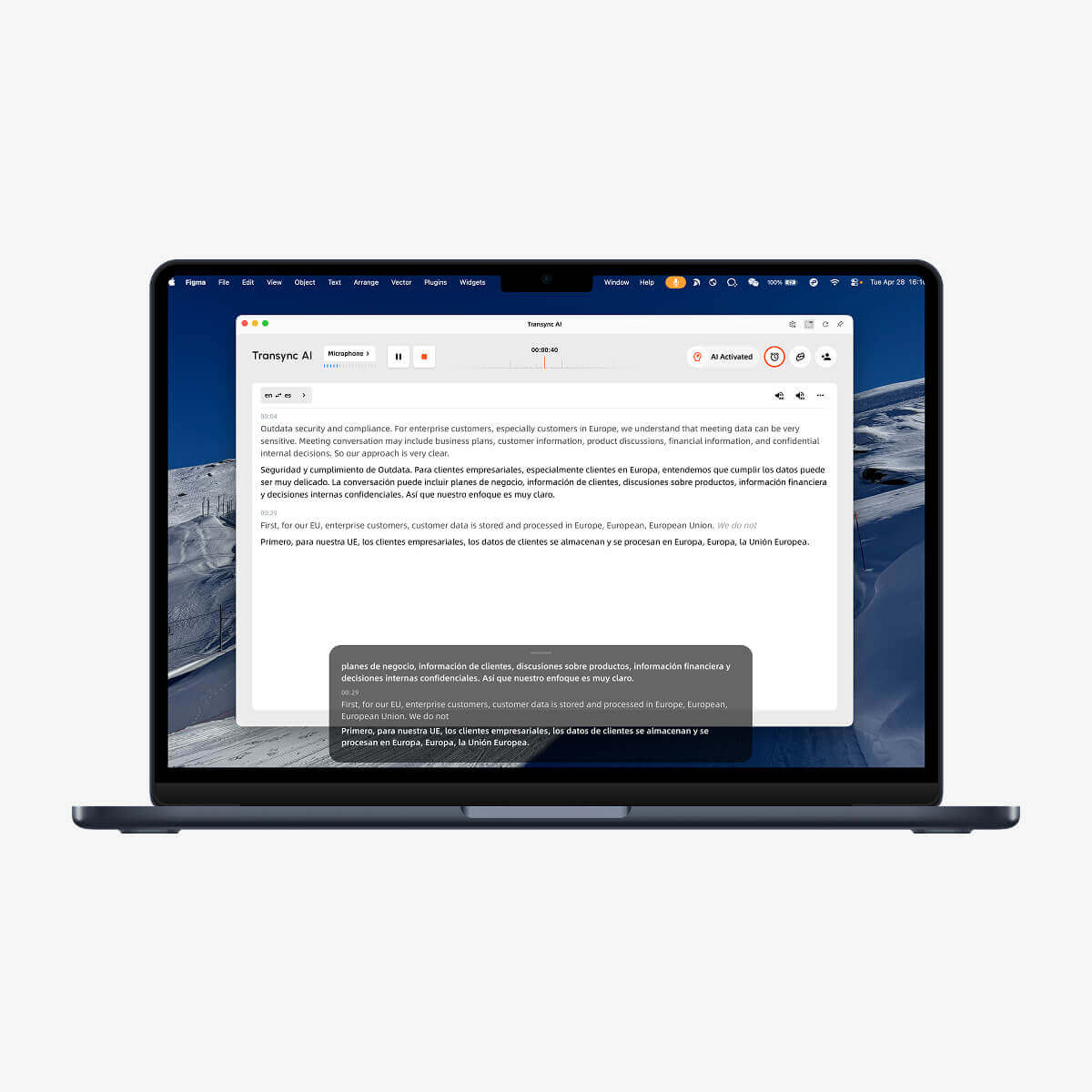 Transync AI floating subtitles displaying real-time translation overlay on a laptop screen during a multilingual meeting