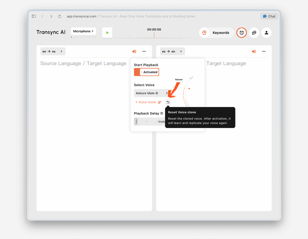 Transync AI settings screen with the Reset Voice Clone option for removing a saved voice clone.