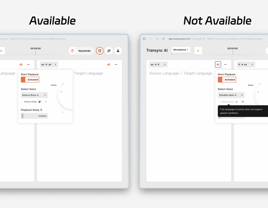 Transync AI voice clone settings showing that the selected language does not support Voice Clone.