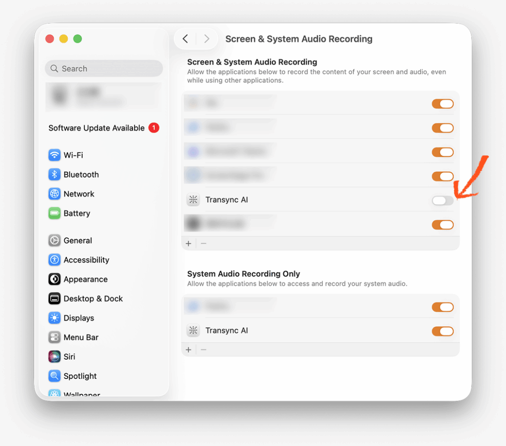 เปิดใช้งาน Transync AI ในการตั้งค่าการบันทึกเสียงหน้าจอและระบบของ macOS