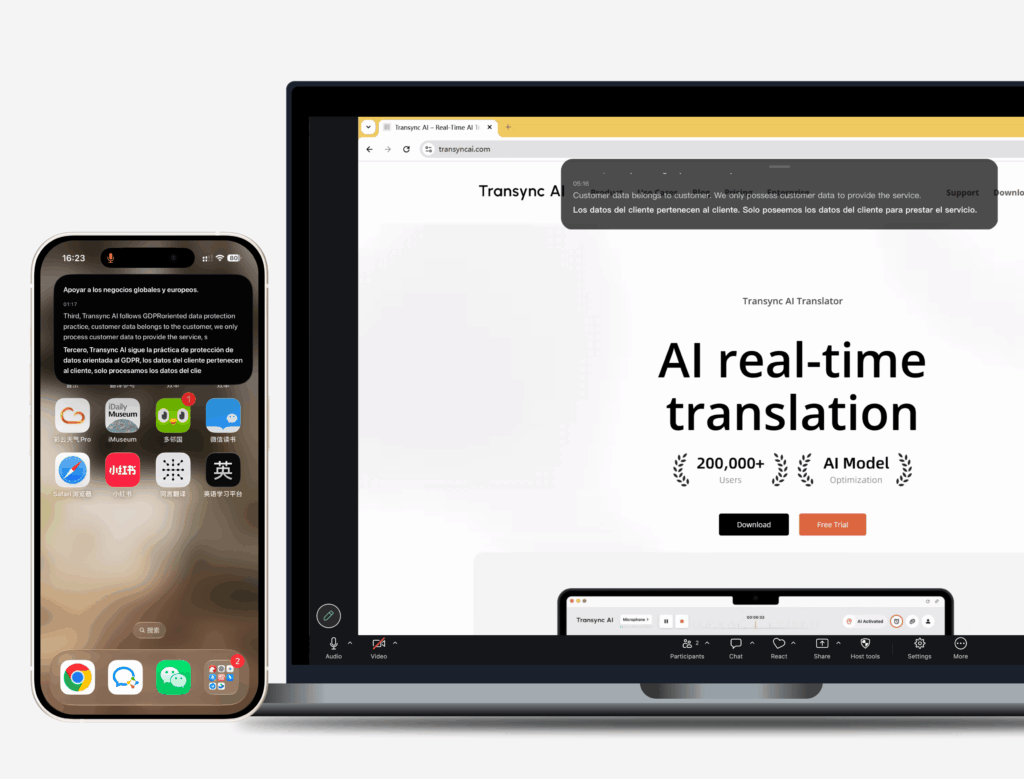 Transync AI Picture-in-Picture mode showing live bilingual subtitles floating above desktop and mobile screens across platforms.