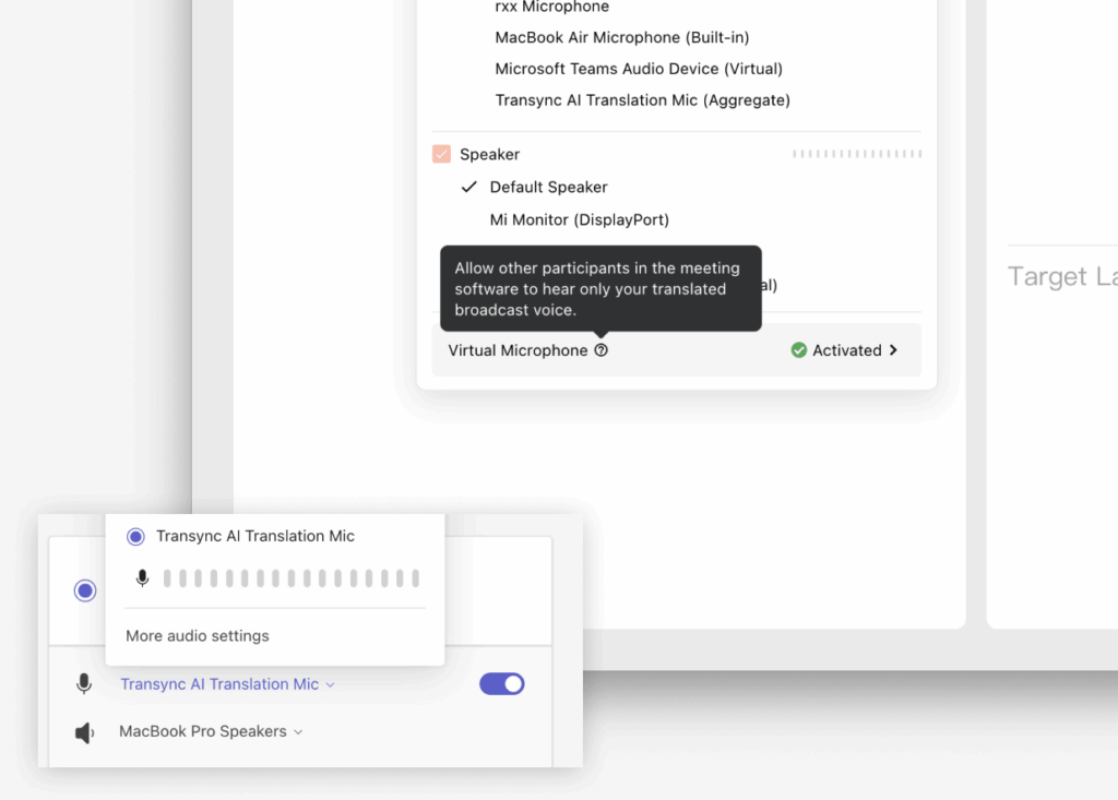 Configurações do microfone virtual Transync AI mostrando o Transync AI Translation Mic selecionado como entrada de microfone para a reunião.