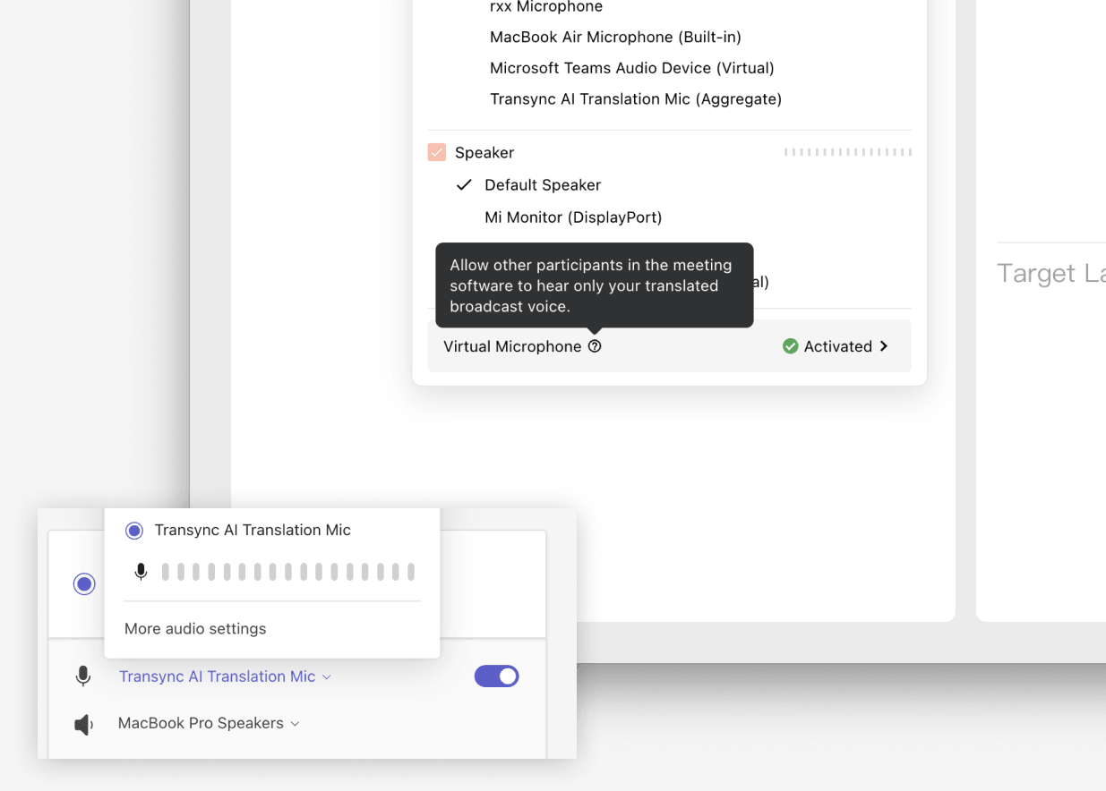 Configurações do microfone virtual Transync AI mostrando o Transync AI Translation Mic selecionado como entrada de microfone para a reunião.