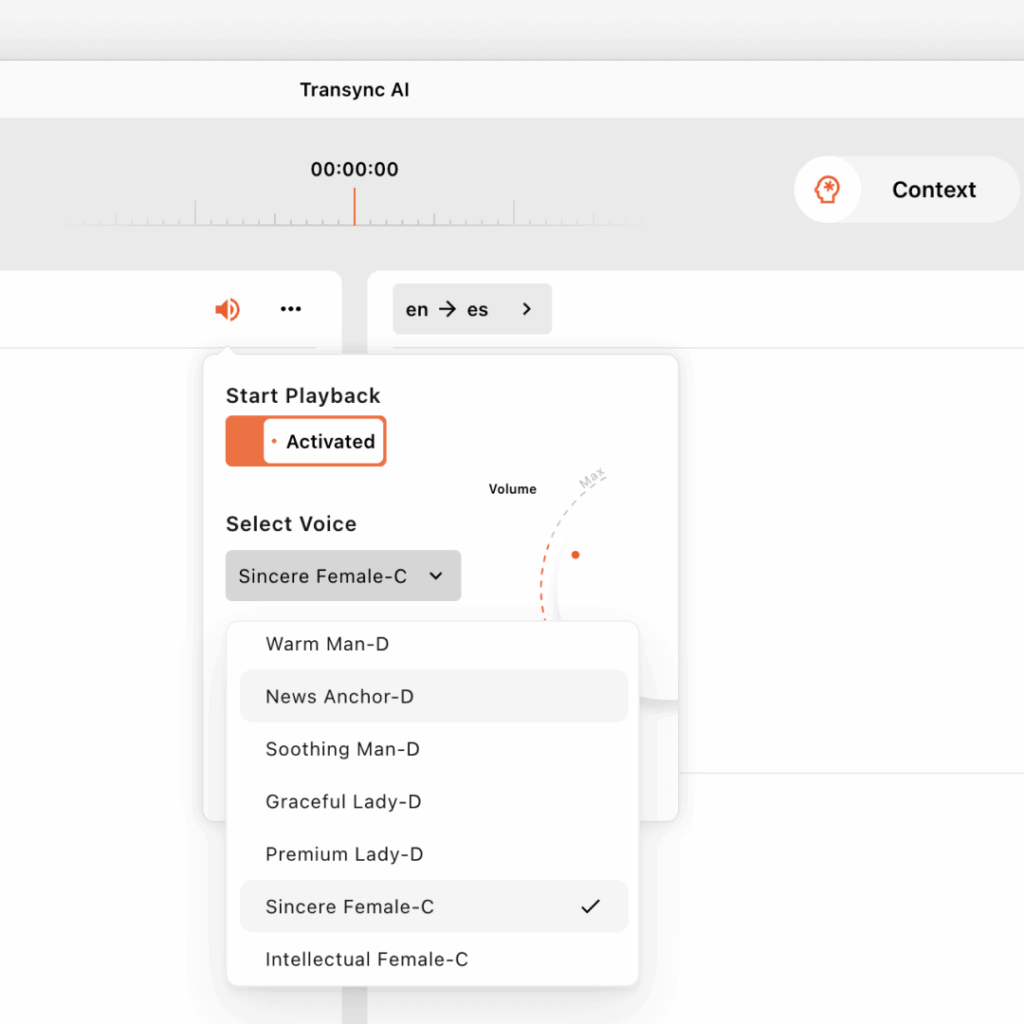 Interface do tradutor de voz Transync AI mostrando várias opções de estilo de voz, como Homem de voz grave, Mulher calma e Senhora atraente