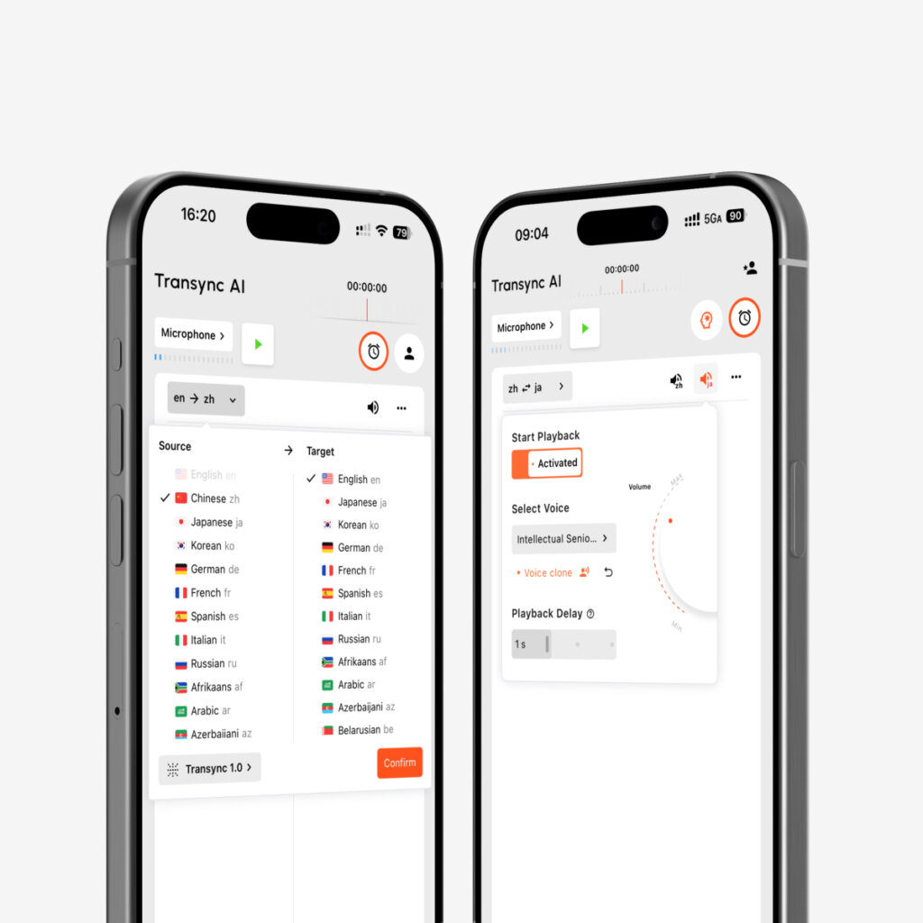 Mobilní rozhraní Transync AI zobrazující nastavení přehrávání hlasu s využitím AI a možnosti vícejazyčného překladu hlasových klonů