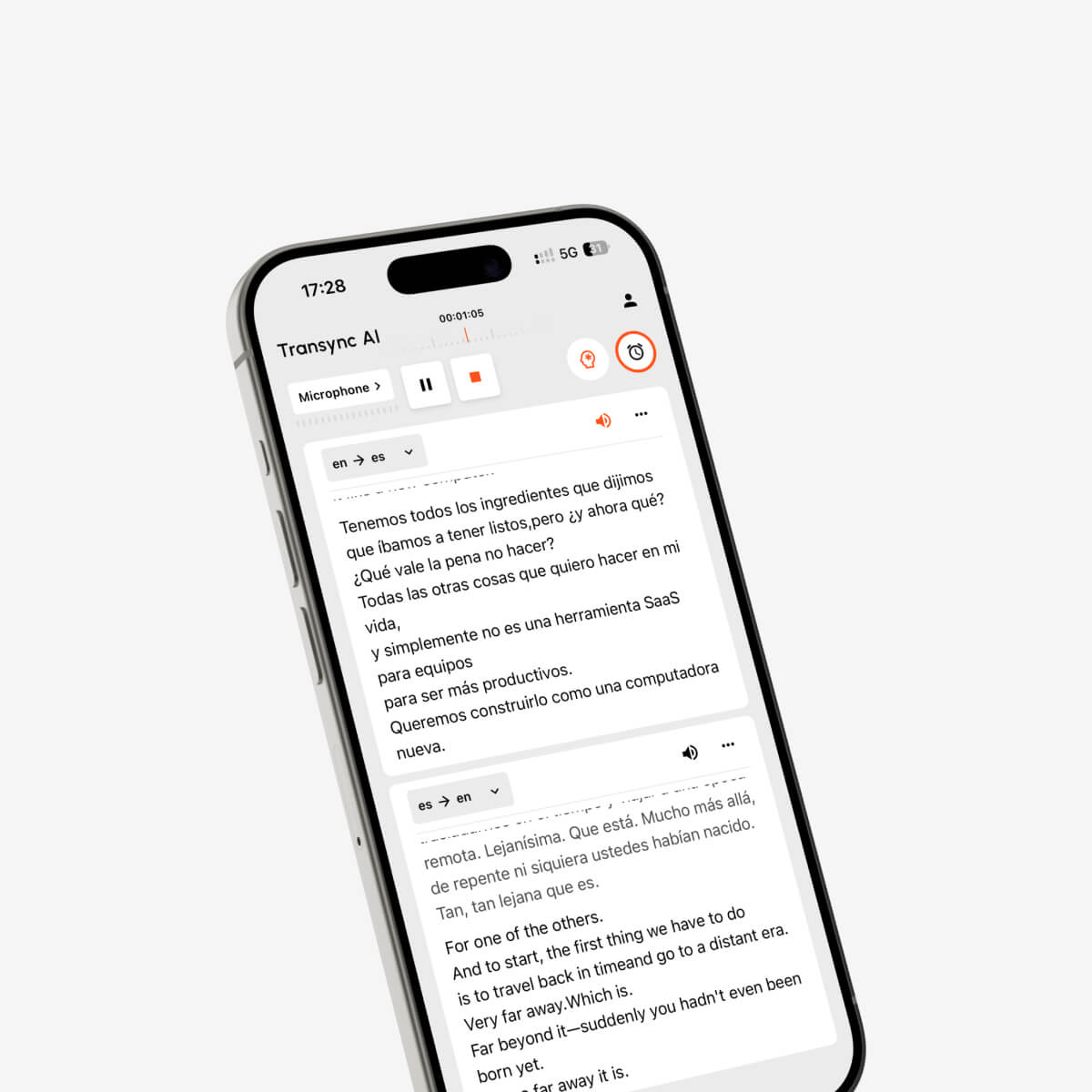 Aplicativo móvel Transync AI mostrando tradução bidirecional em tempo real em um telefone.
