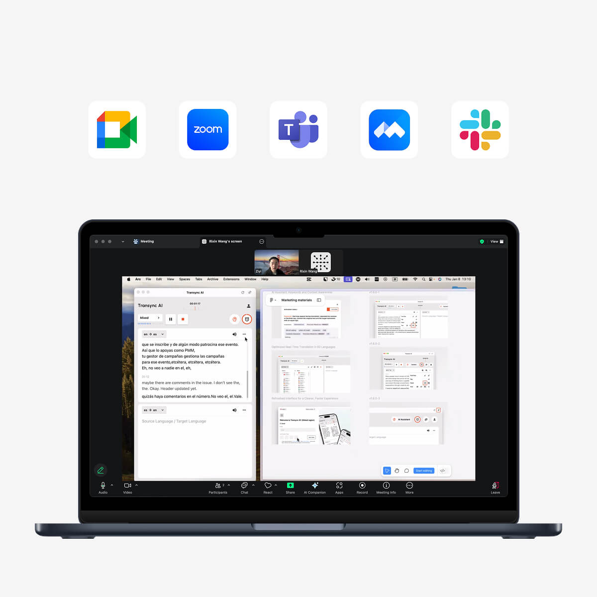 Transync AI integrado com Zoom, Google Meet, Microsoft Teams, Slack e Lark para tradução multilíngue em tempo real em reuniões.