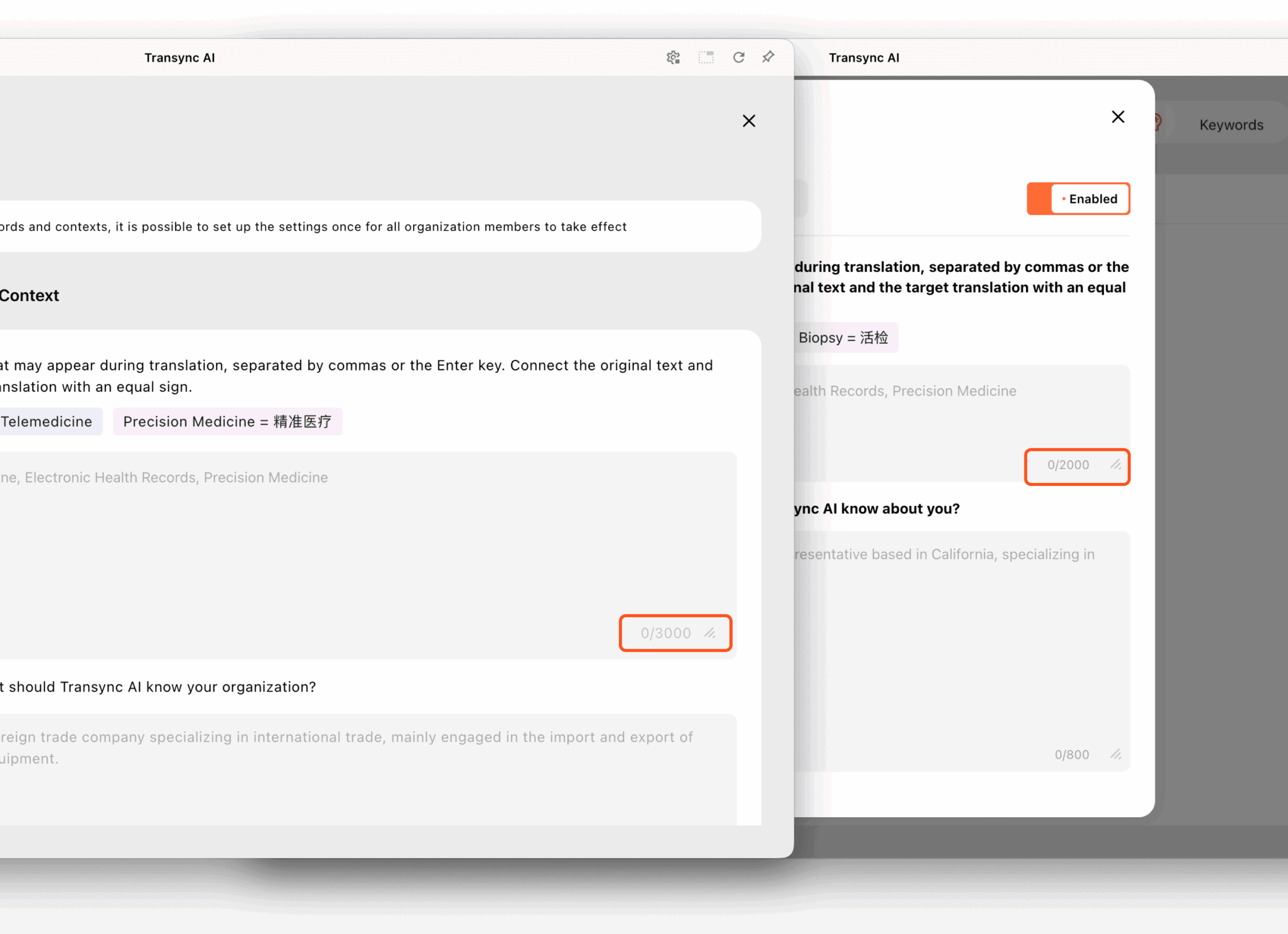 Transync AI AI Assistant keywords and context character limit settings