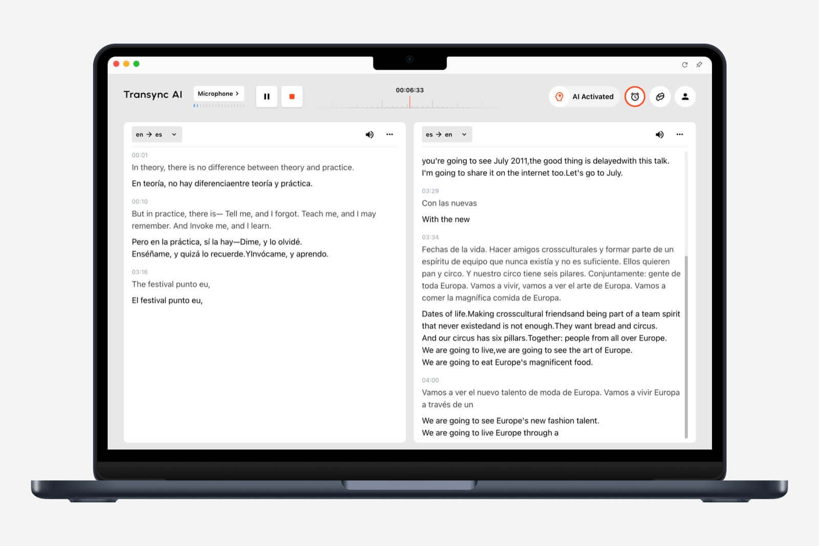 Transync AI desktop interface showing real-time bilingual translation with source and target language panels.