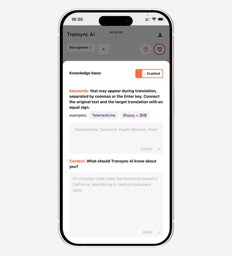 Adicione palavras-chave e contexto ao Assistente de IA antes de iniciar a tradução para dispositivos móveis.