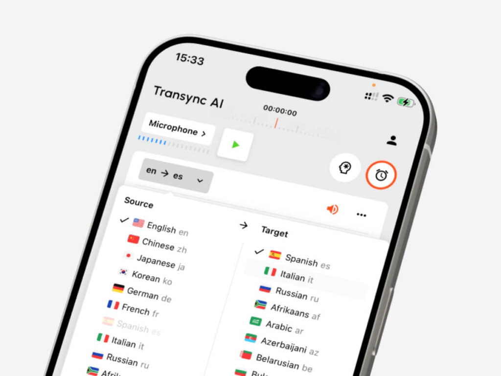 Selecione os idiomas de origem e destino no aplicativo móvel Transync AI.