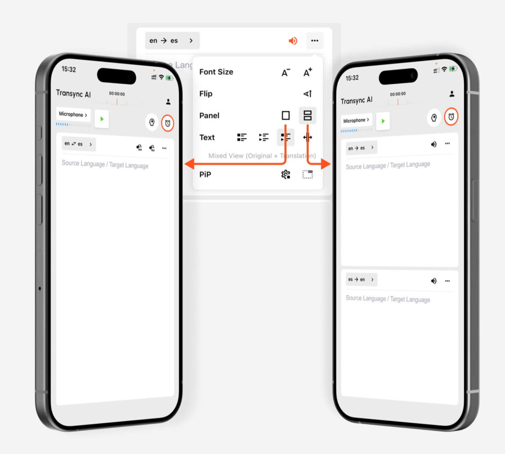 Configure o layout do painel de tradução para dispositivos móveis, o tamanho da fonte, o modo de texto e as configurações de PiP (Picture-in-Picture).