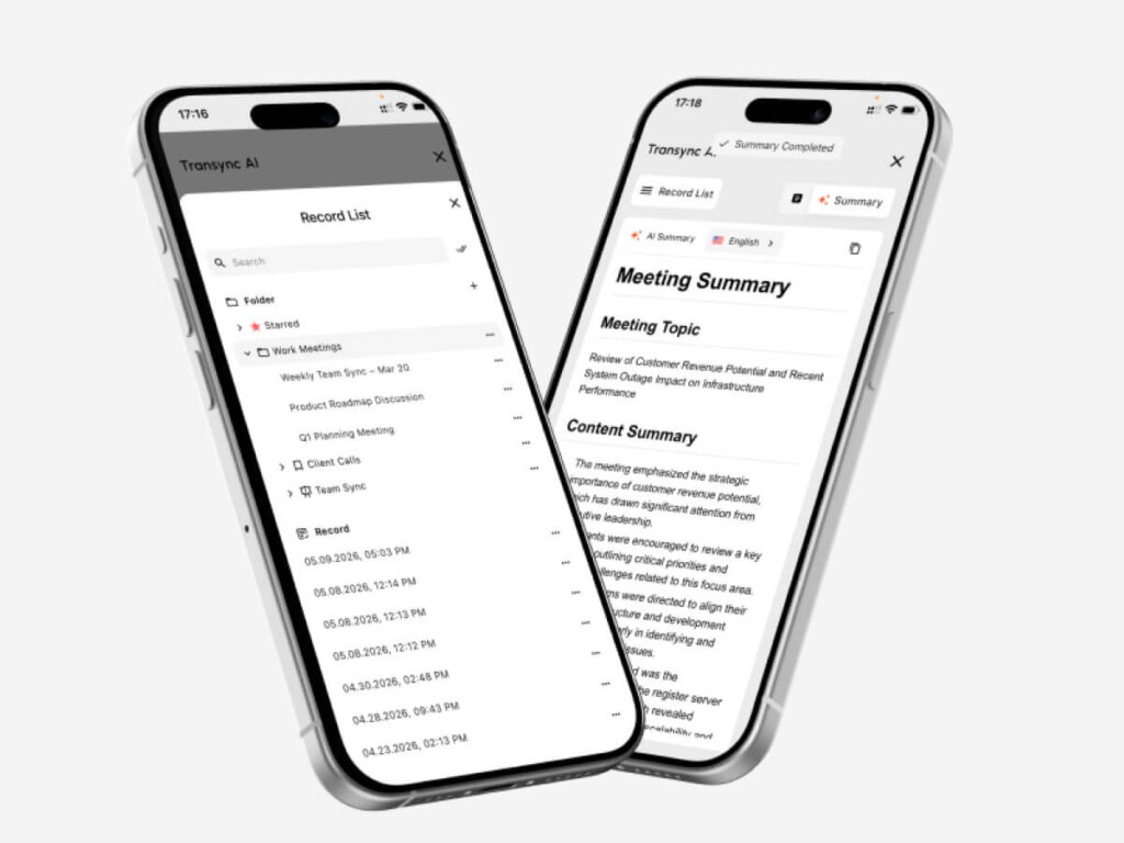 Gerencie registros de tradução móvel e visualize um resumo de reuniões com IA no Transync AI.