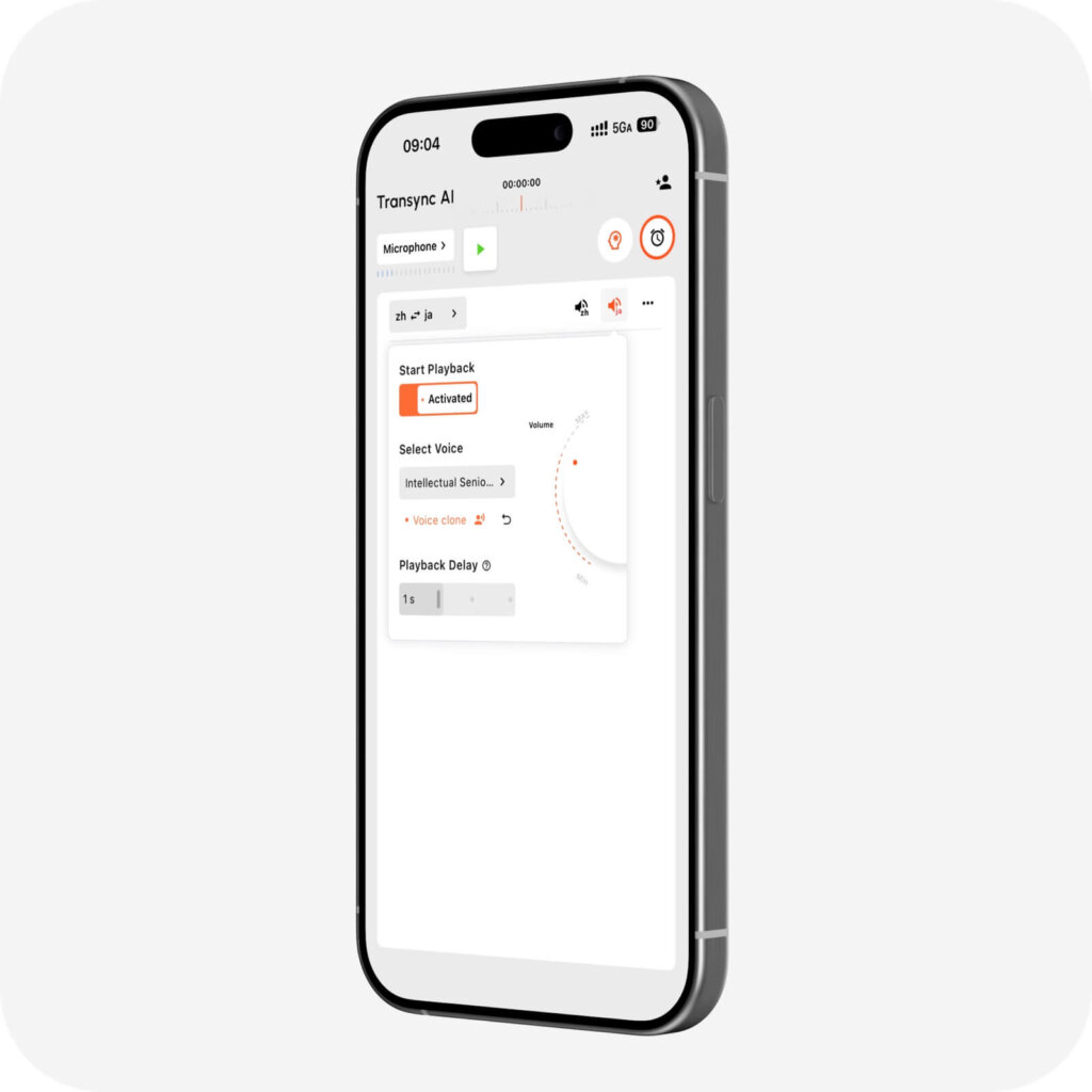 Ative as configurações de reprodução de voz e clonagem de voz no aplicativo móvel Transync AI.