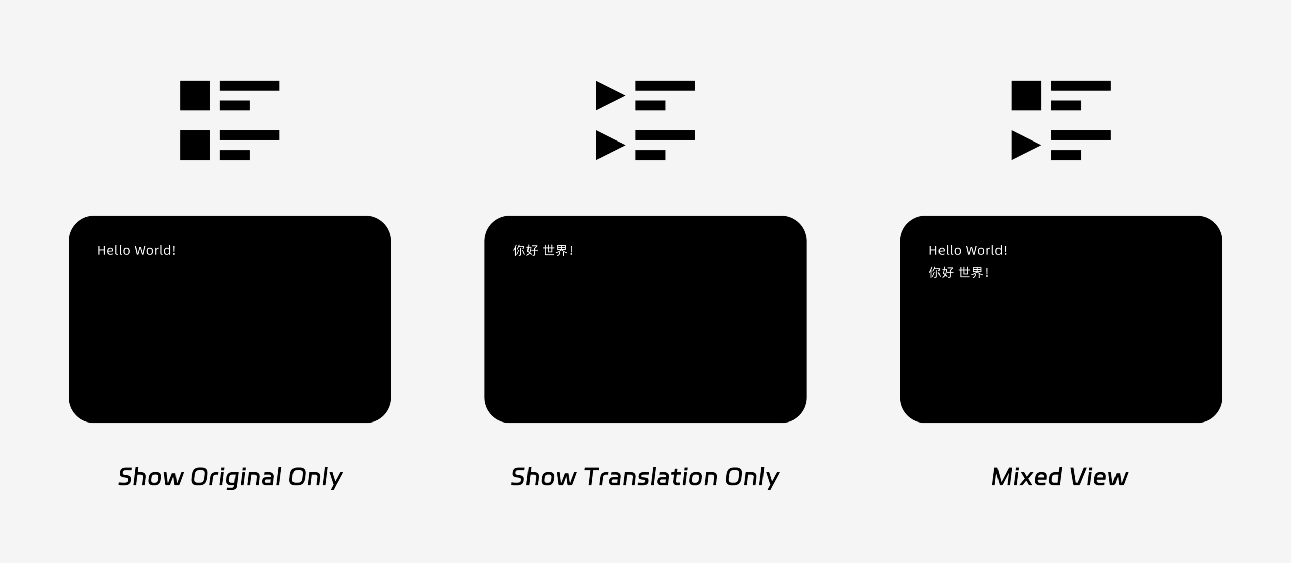 Three PiP subtitle display modes: Show Original Only, Show Translation Only, and Mixed View.