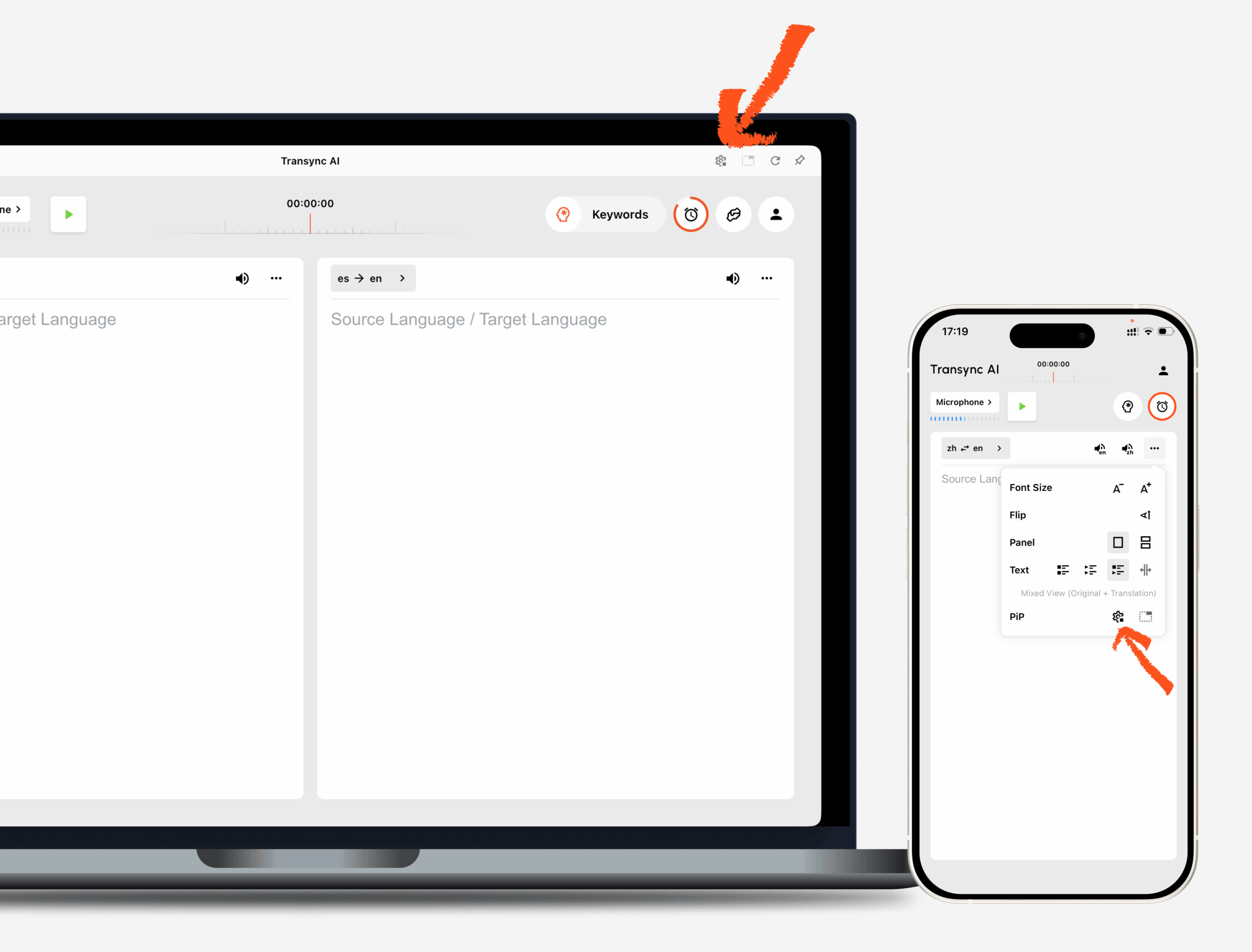 PiP settings in the Transync AI desktop and mobile translation interface.