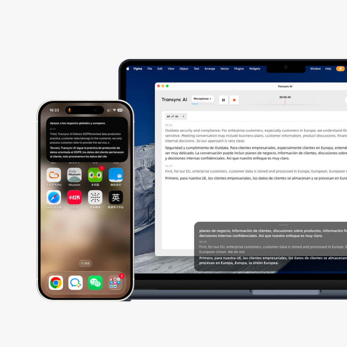 Transync AI Picture-in-Picture subtitles floating over desktop and mobile screens during translation.