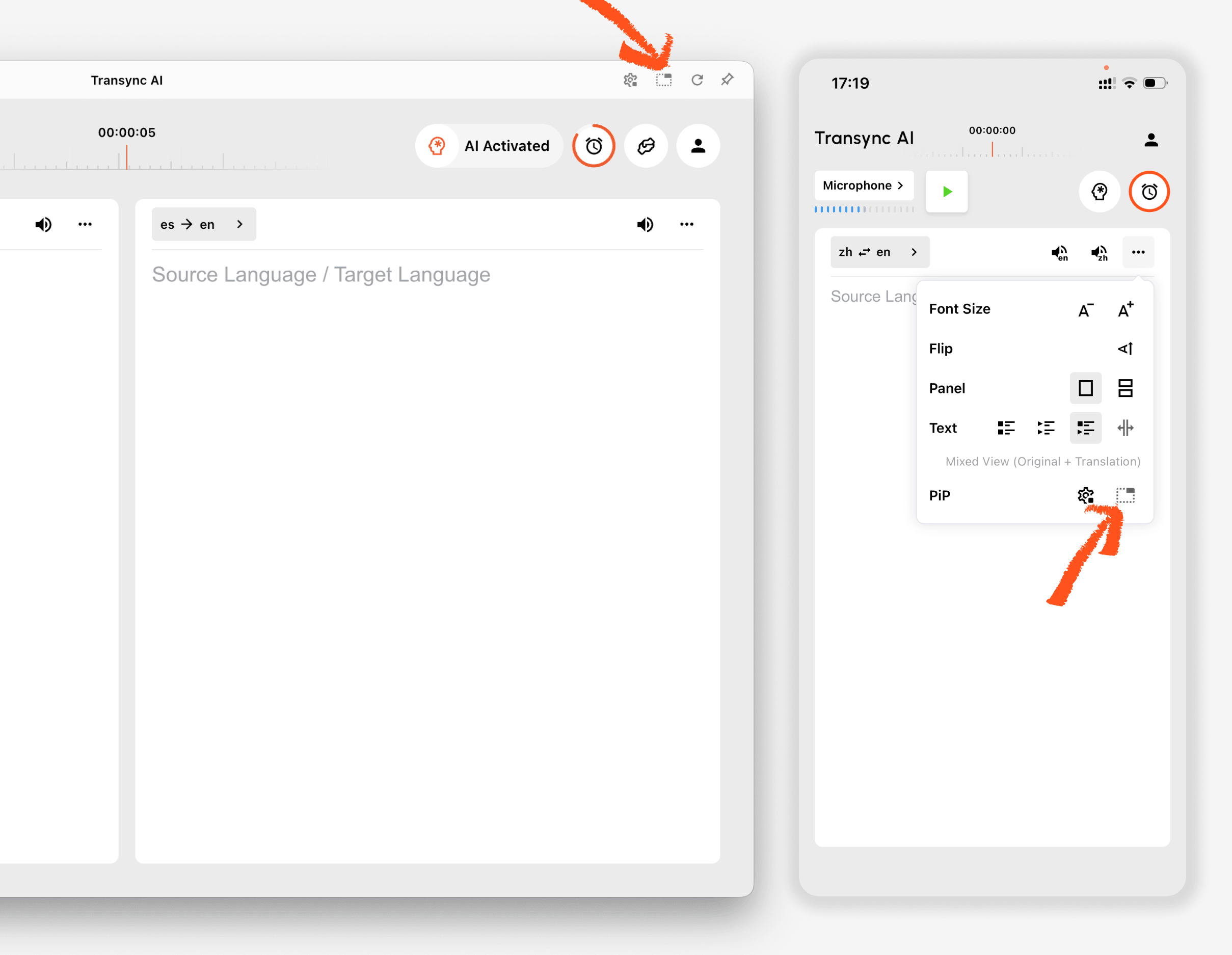 PiP button in the Transync AI desktop and mobile translation interface.