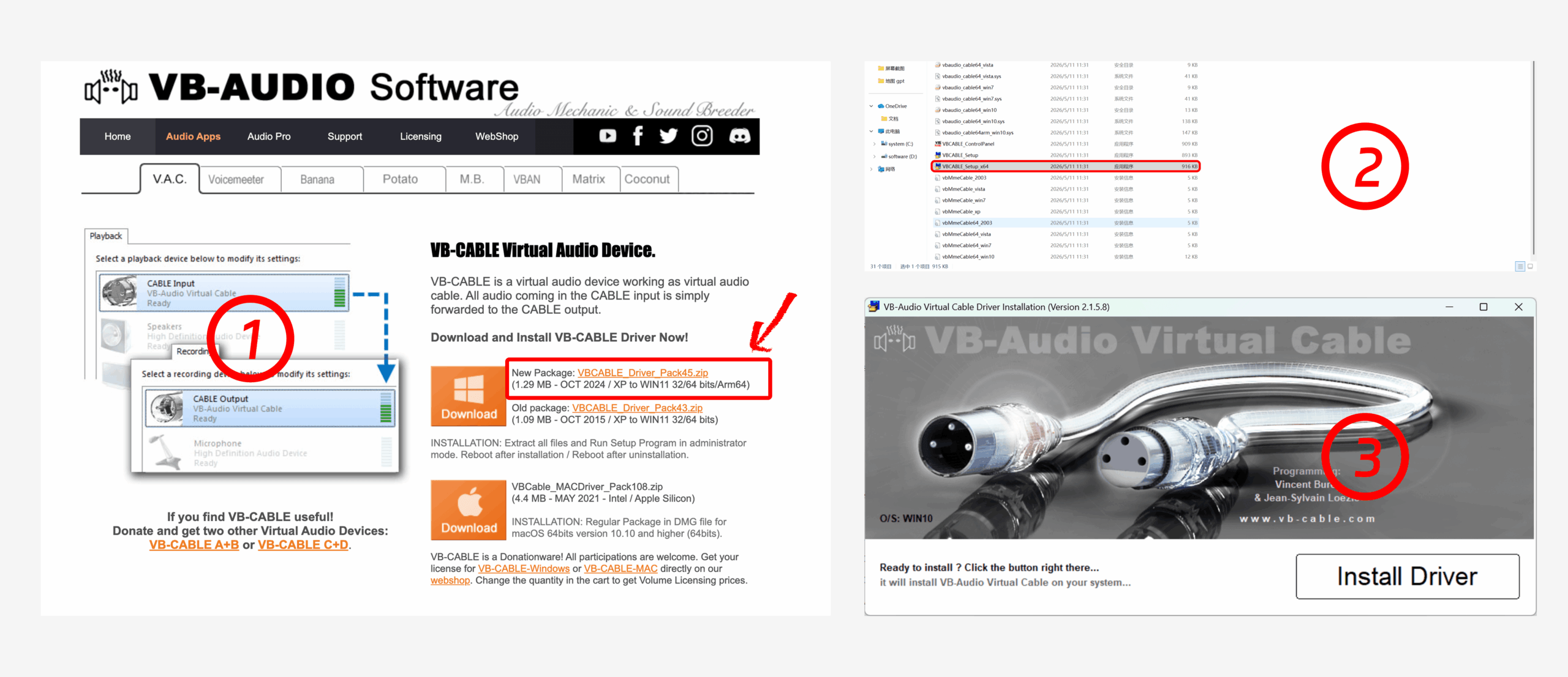 Baixe, extraia e instale o VB-Audio Virtual Cable para o microfone virtual Transync AI no Windows.