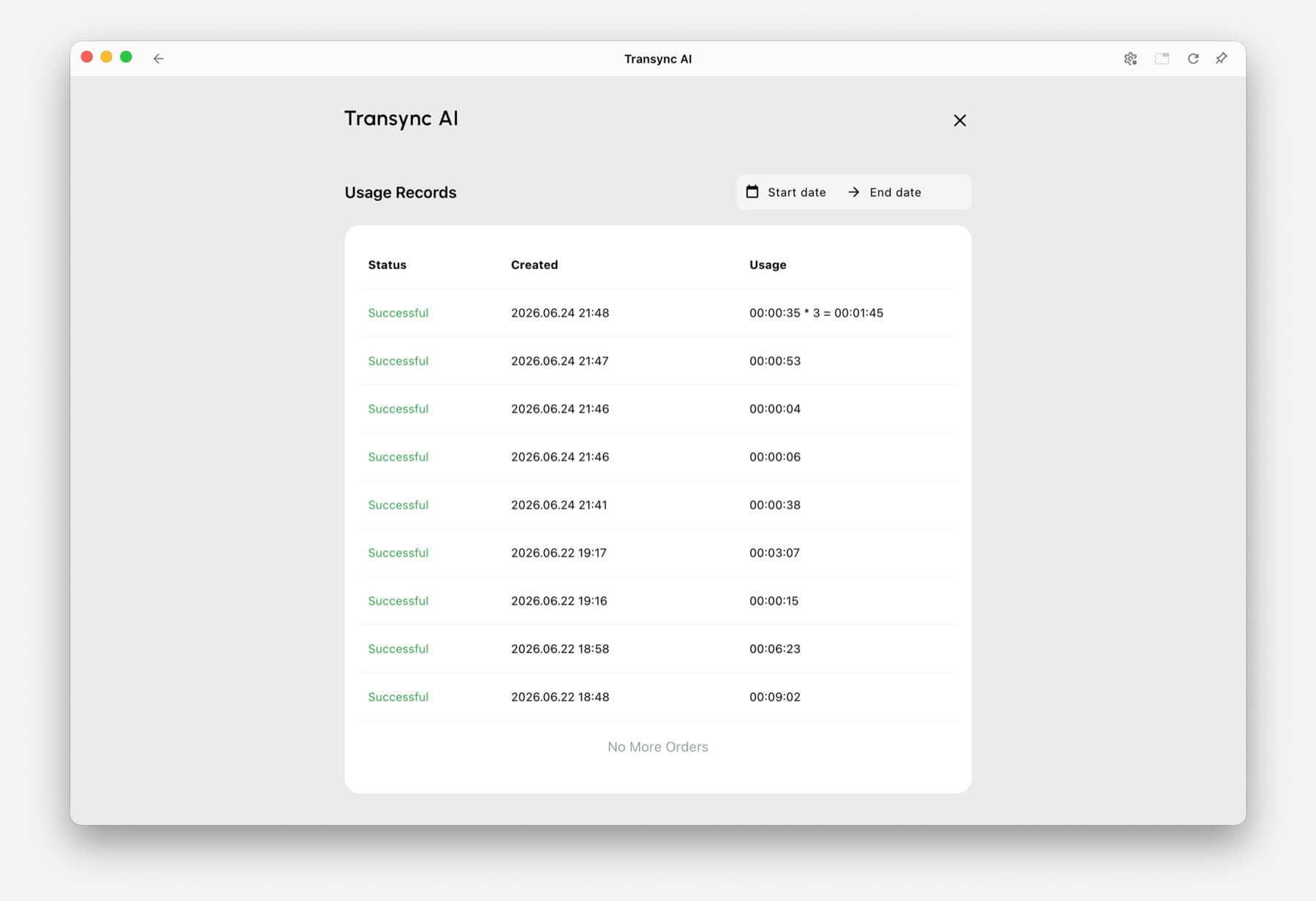 Halaman Catatan Penggunaan yang menampilkan status, waktu pembuatan, dan konsumsi aktual untuk tugas penerjemahan di Transync AI.