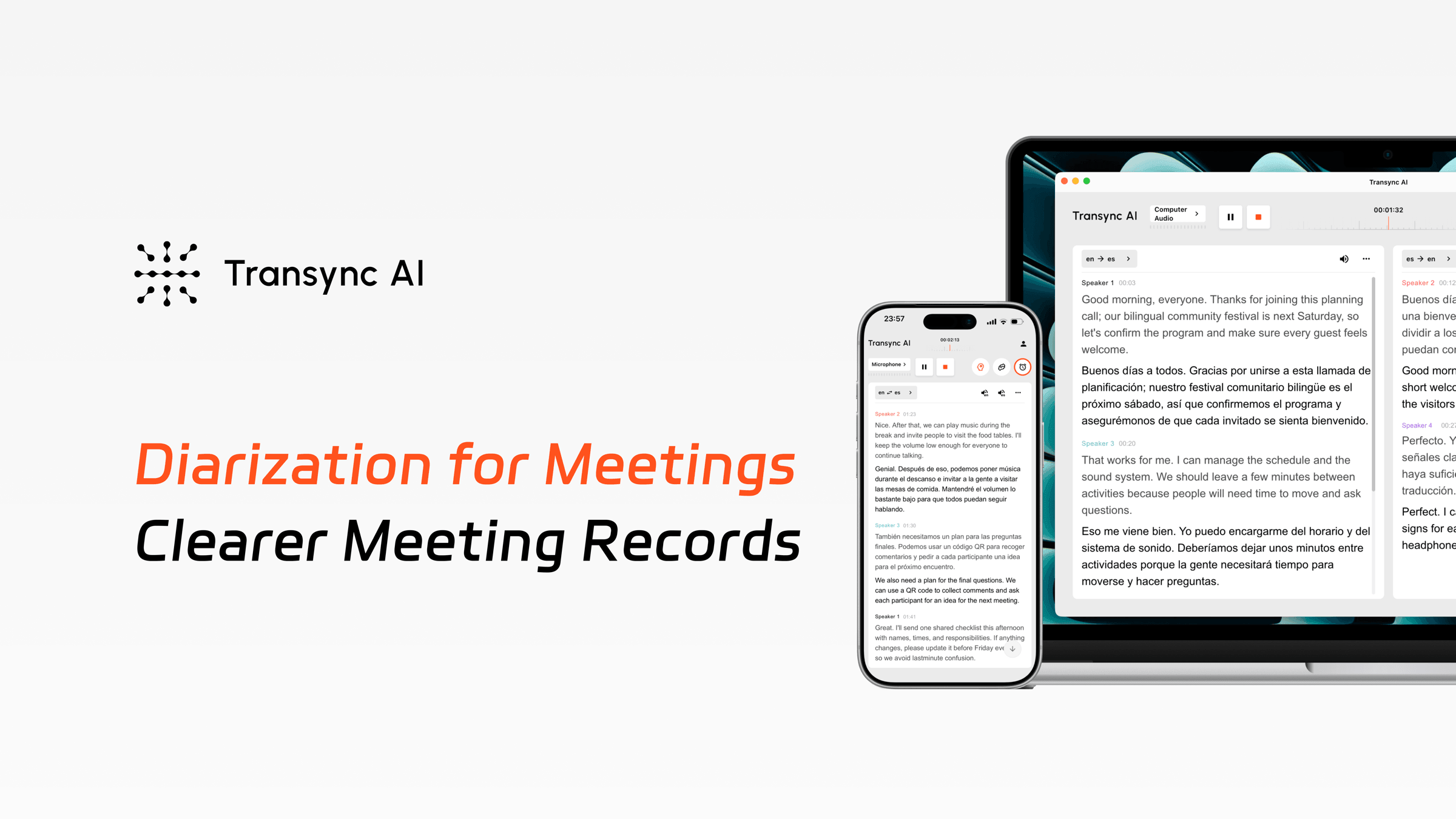 Transync AI Speaker Separation showing color-coded speaker labels on desktop and mobile during a multilingual meeting.