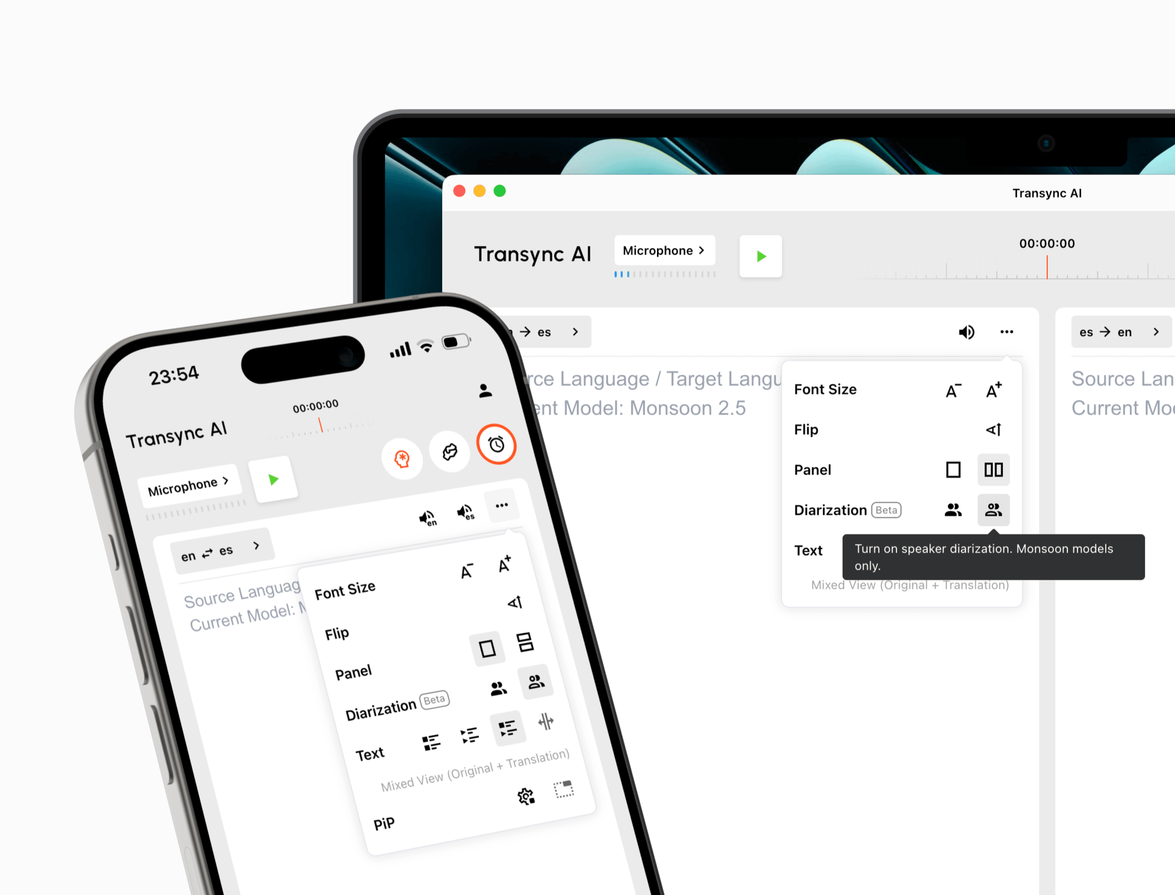 Enable Diarization Beta from the Transync AI translation panel on desktop and mobile.