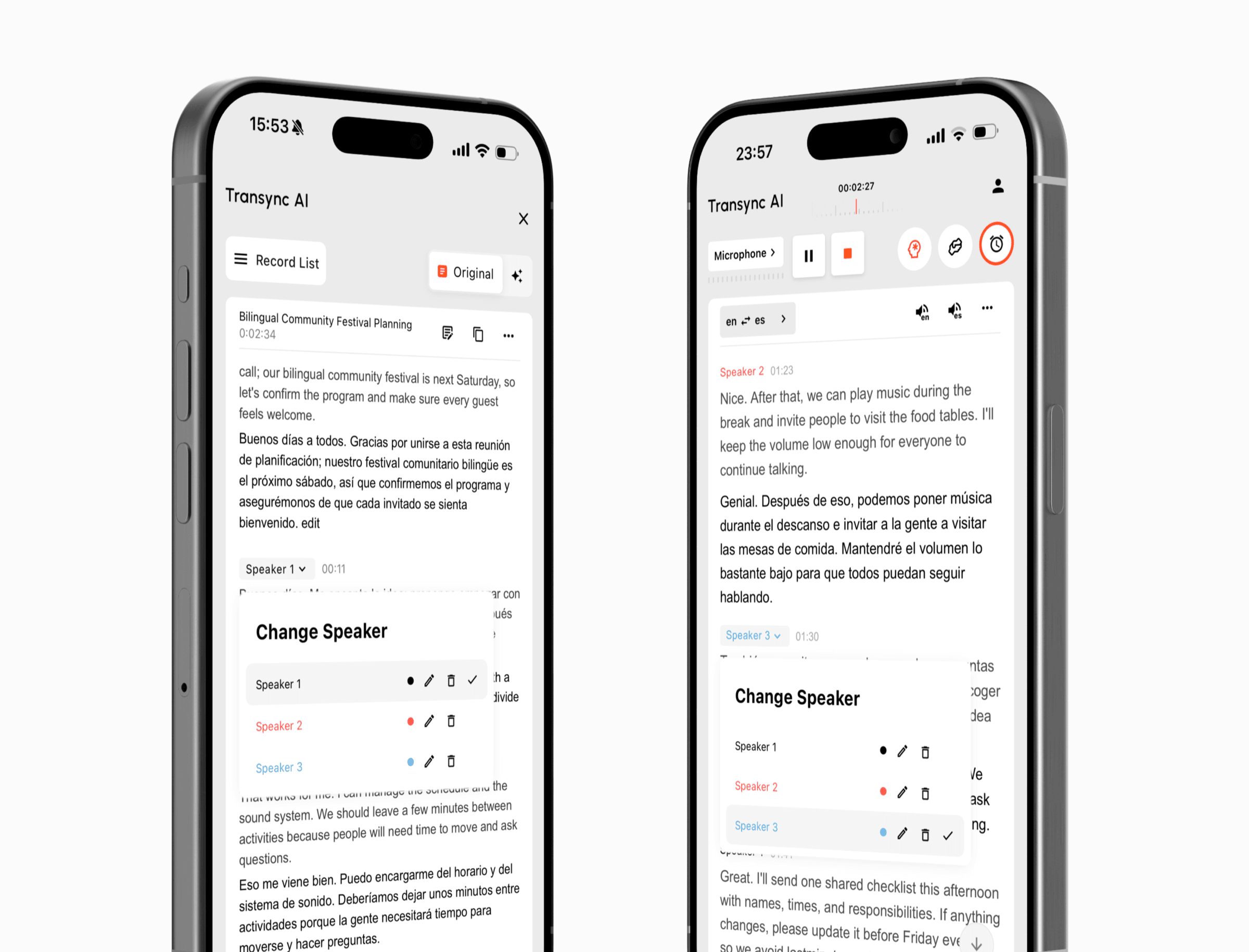 Reassign a transcript segment to the correct speaker in Transync AI on desktop and mobile.