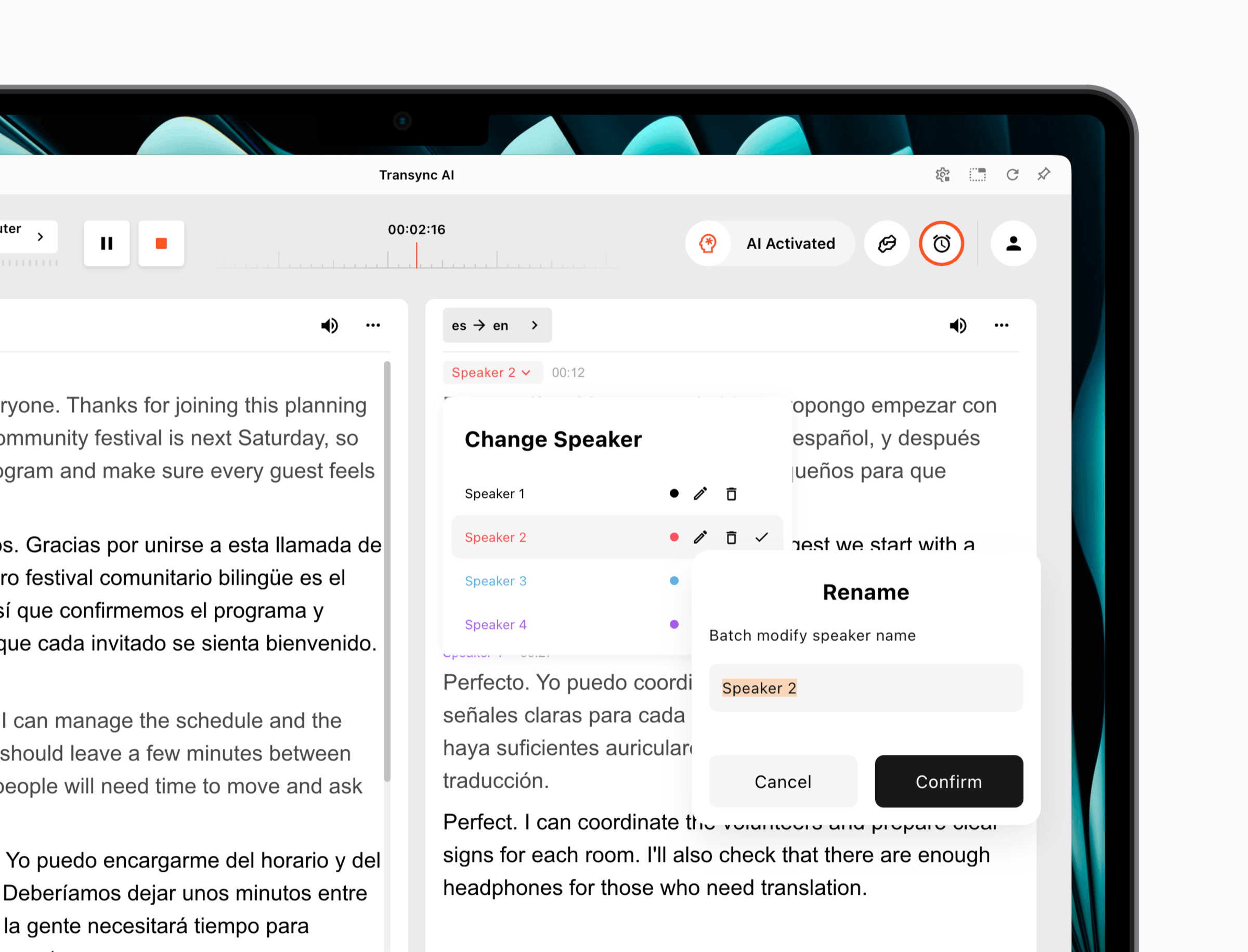 Rename an identified speaker and manage speaker colors in Transync AI meeting records.