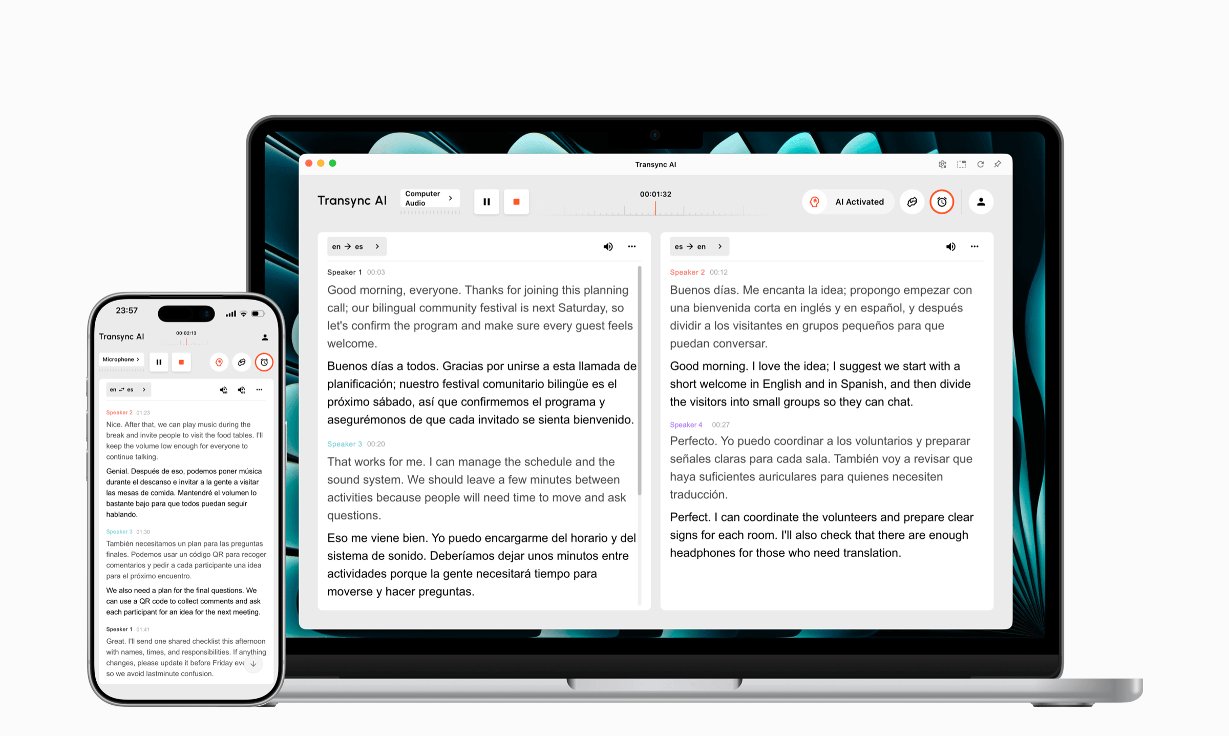 Color-coded speaker labels displayed in Transync AI real-time translation on desktop and mobile.