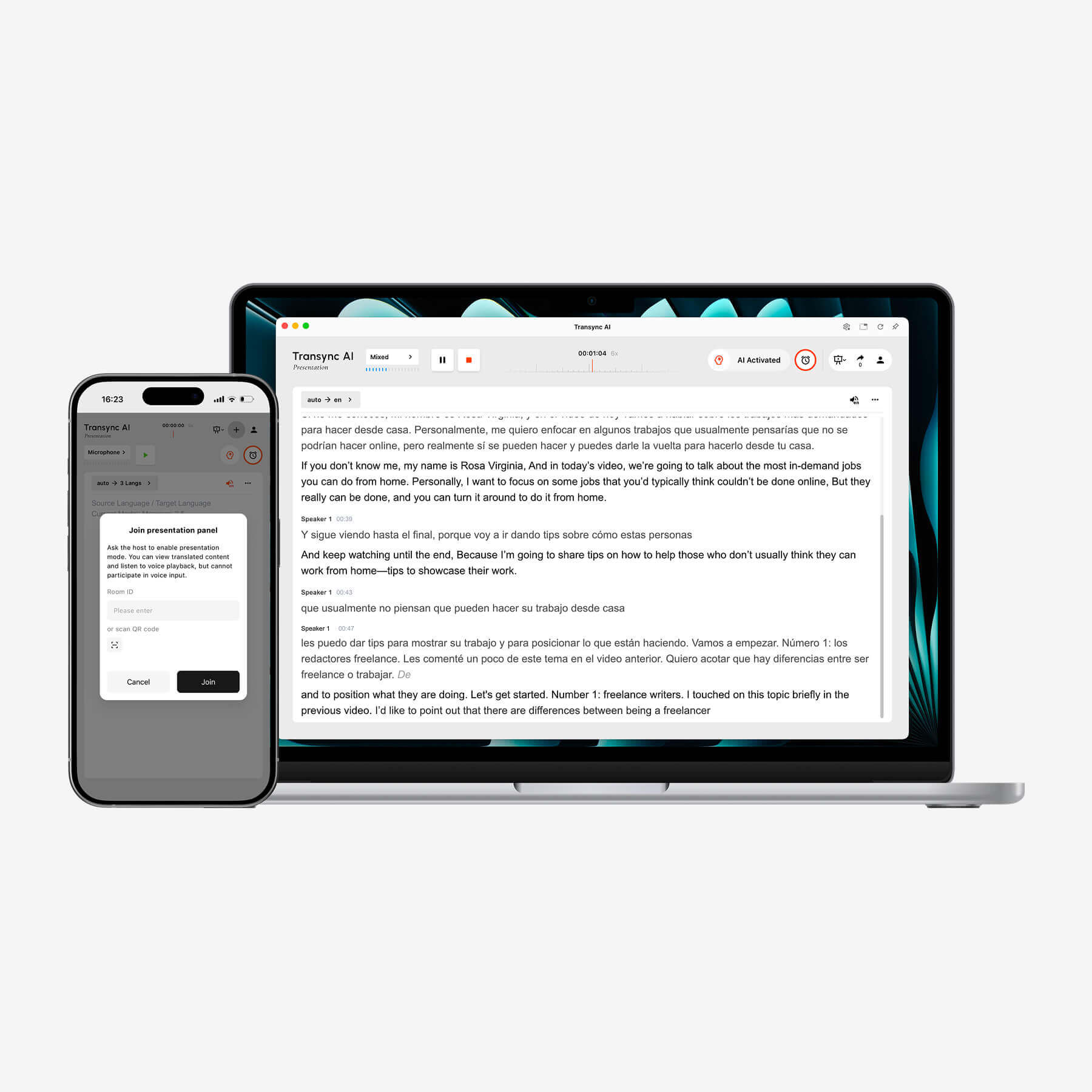 Transync AI presentation mode on laptop with live bilingual transcription and mobile meeting controls