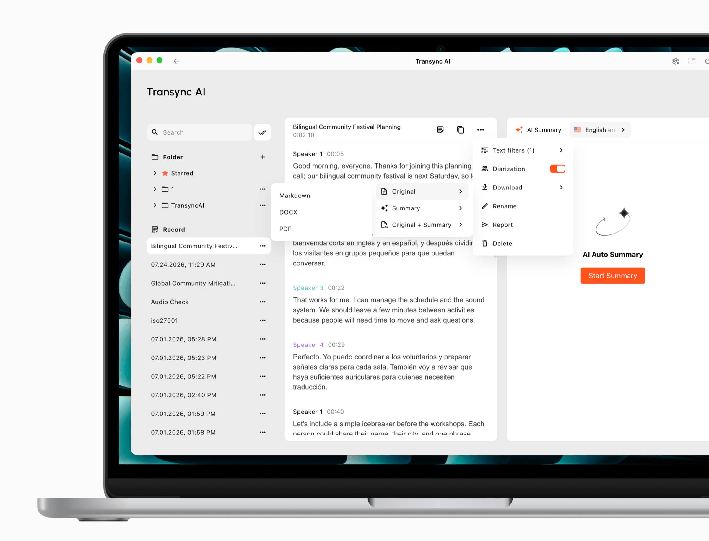 Transync AI download menu with options for Original, Summary, or Original plus Summary in Markdown, DOCX, and PDF.