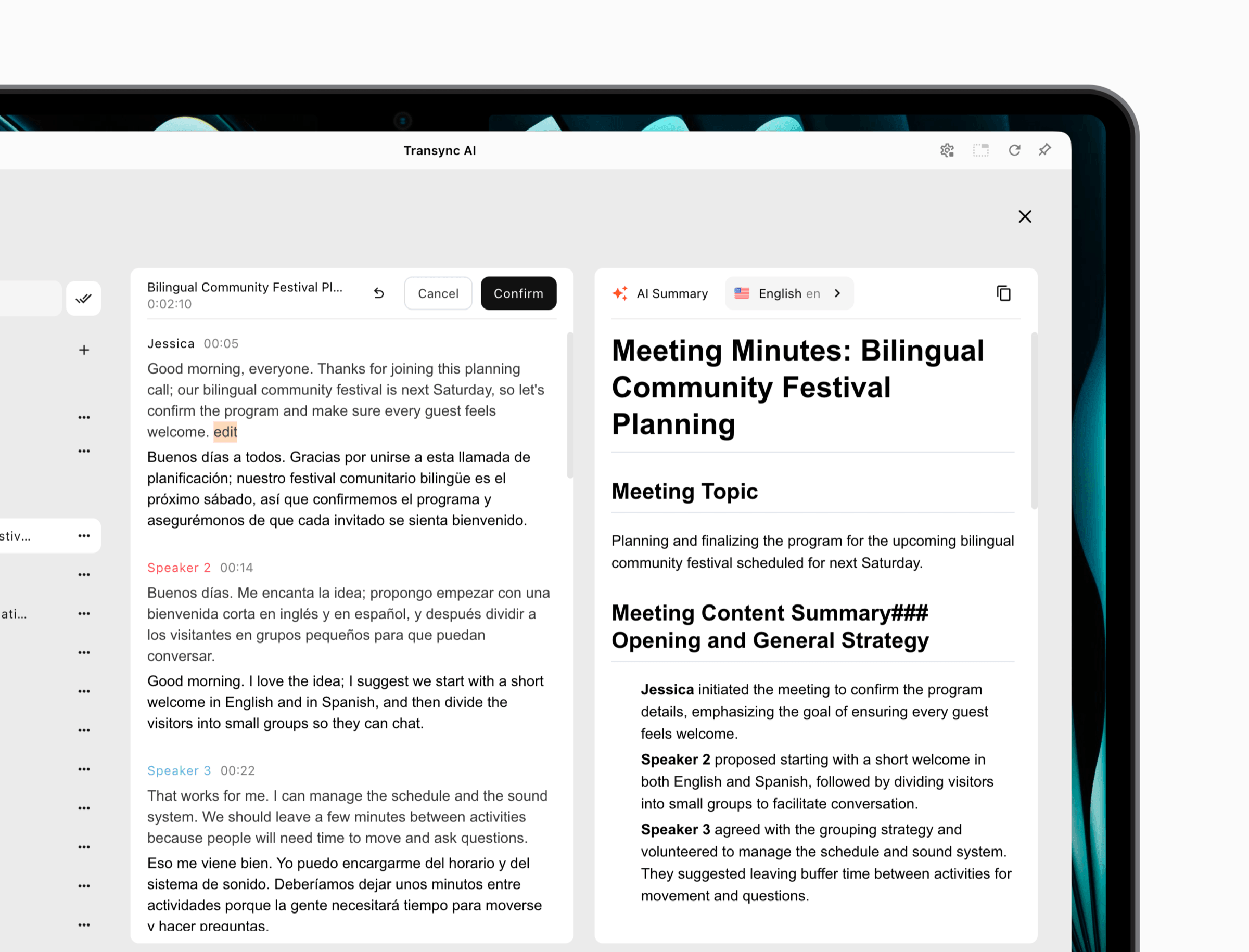 Transync AI meeting record with editable source and translated transcript beside an AI-generated meeting summary.