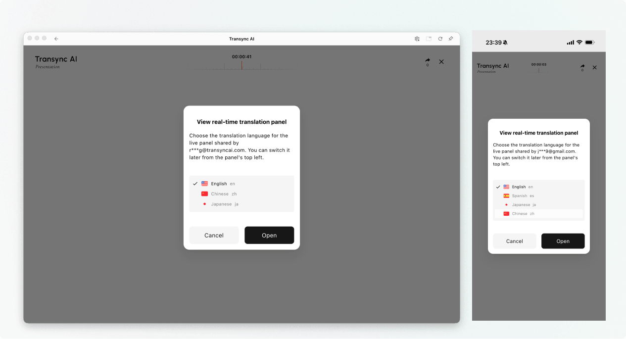 Choose an available translation language before opening the live presentation panel.