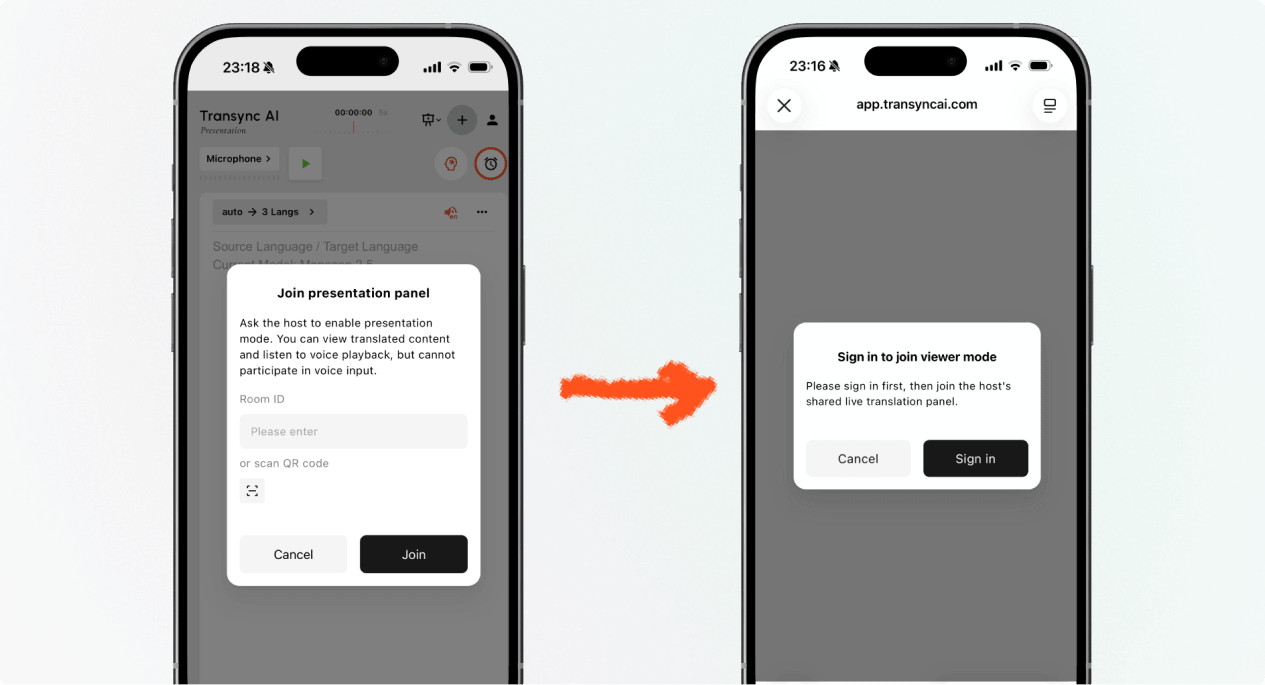 Sign in to Transync AI before you join Presentation Mode on mobile.