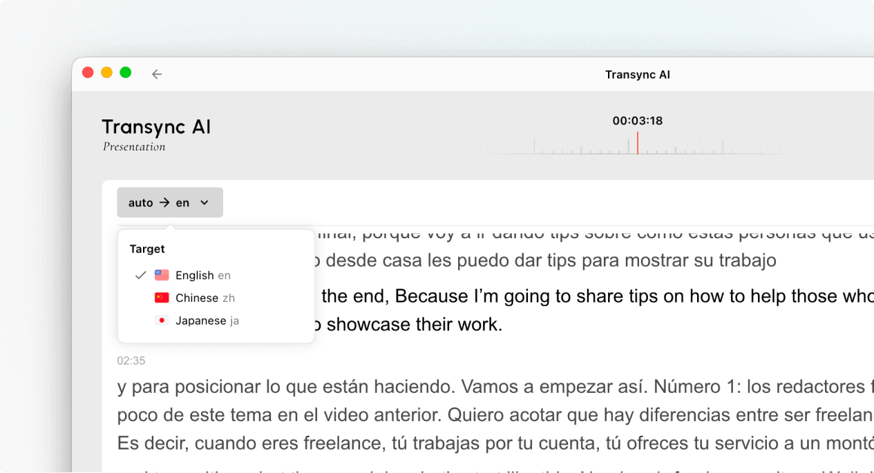 Use the language selector to switch the audience translation language during a presentation.