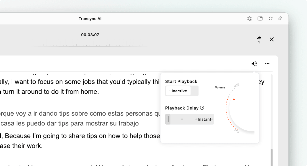 Open voice playback settings while viewing a live Transync AI presentation.
