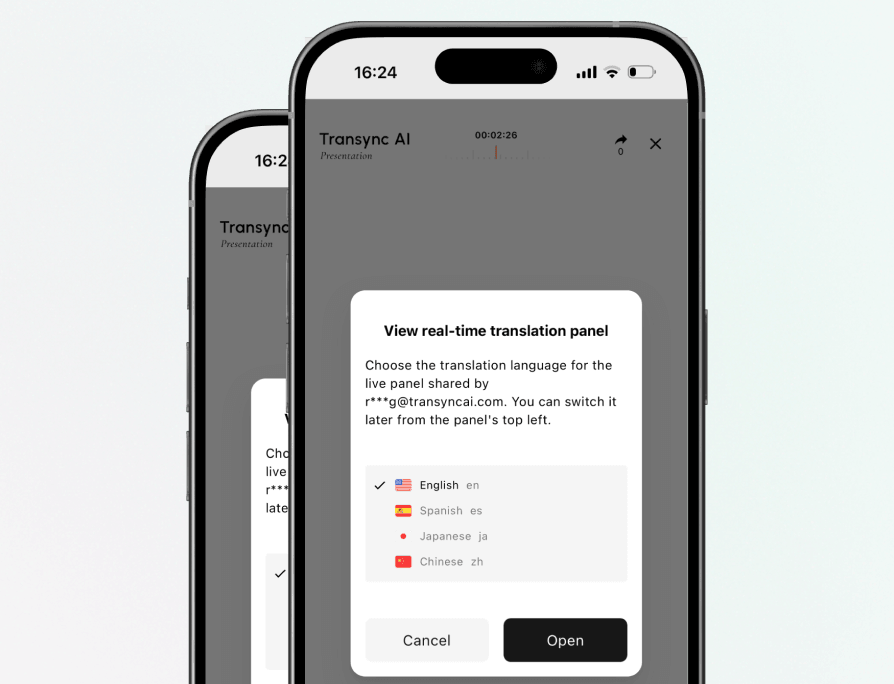 Audience member choosing a live translation language in the Transync AI Presentation Mode mobile panel.