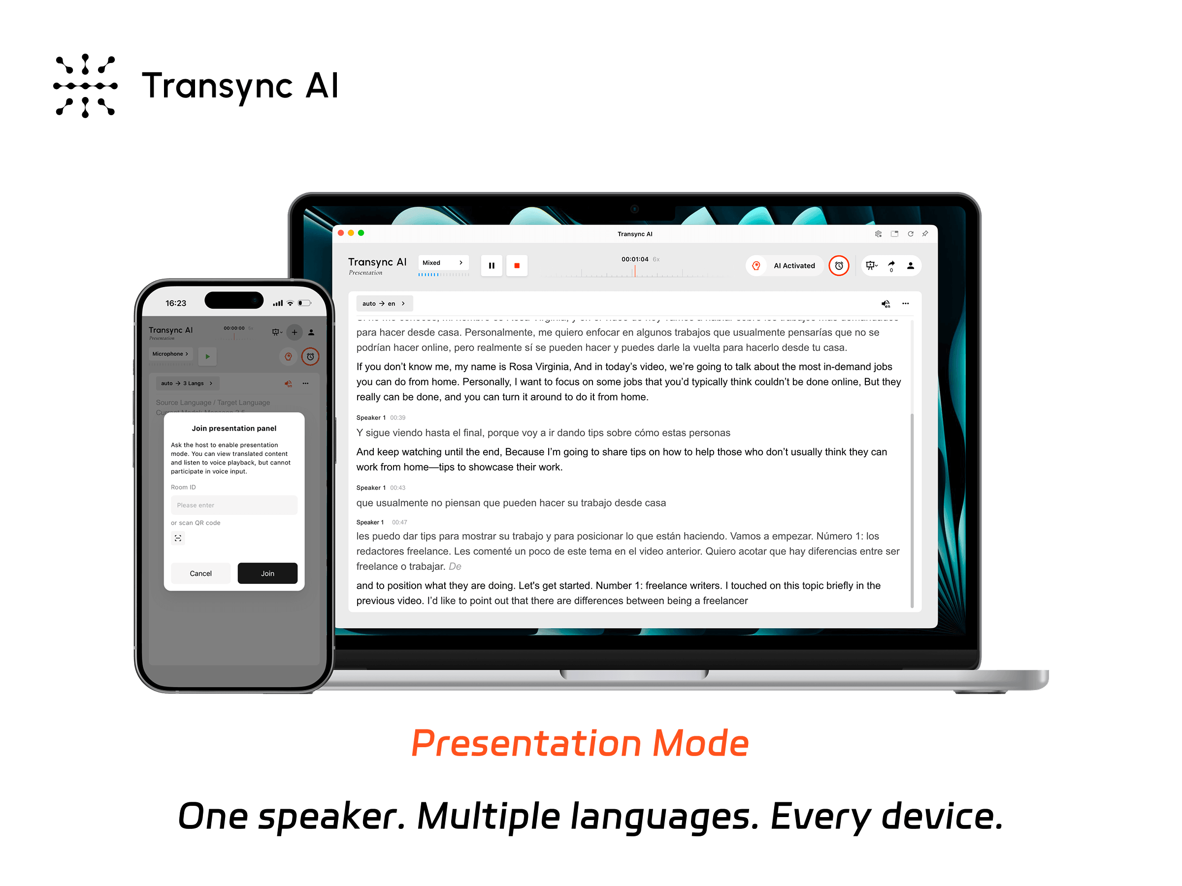 Transync AI Presentation Mode on a host laptop with an audience member joining from a phone.