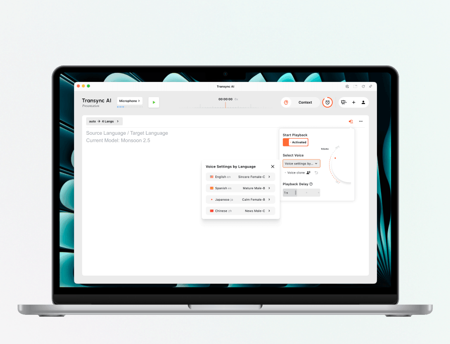 Transync AI Presentation Mode voice playback settings shown by language on a laptop.