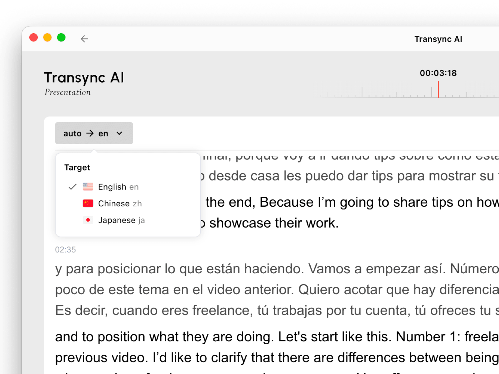 Choose a target language while following a live Transync AI presentation.