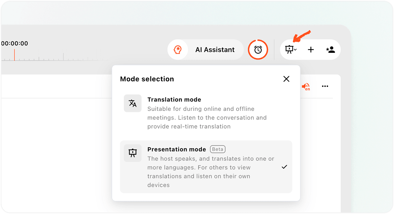 Select Presentation Mode from the mode-selection menu in Transync AI.