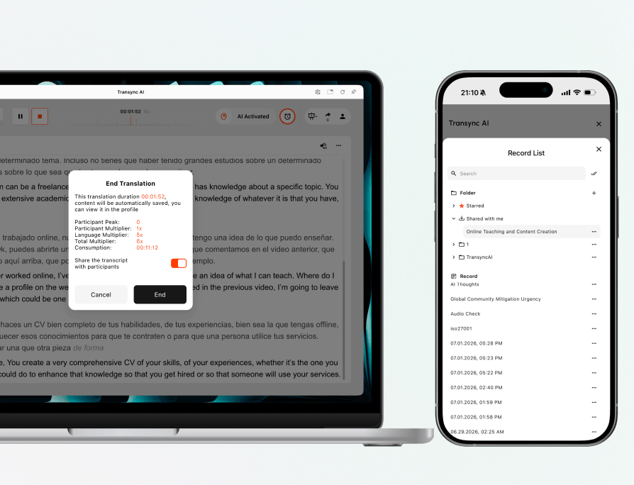 Transync AI host ending a presentation and sharing its saved record with an audience member.
