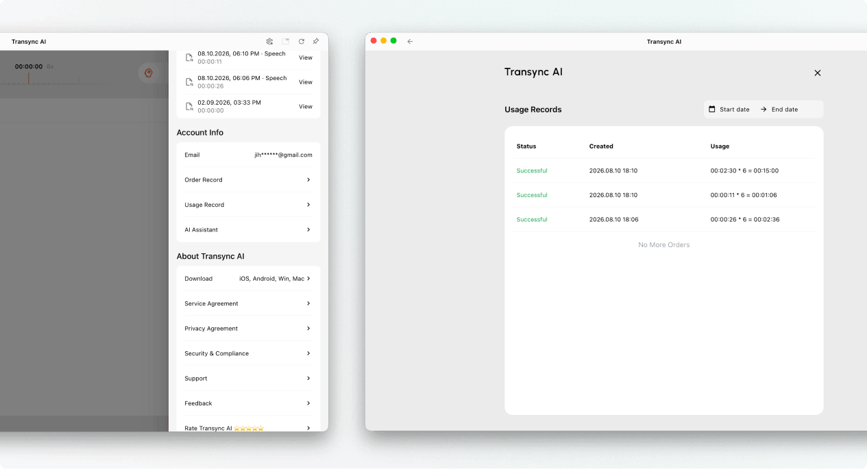 Review Presentation Mode usage records in the Transync AI account profile.