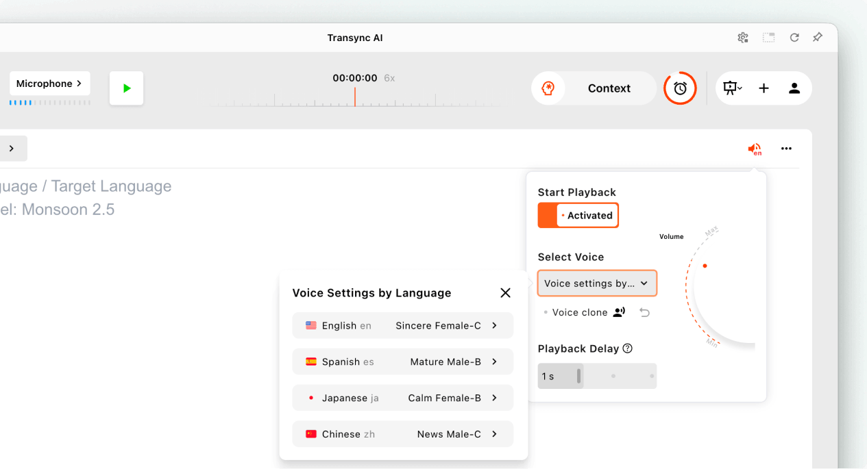 Configure voice playback, per-language voices, Voice Clone, volume, and playback delay before starting Presentation Mode.