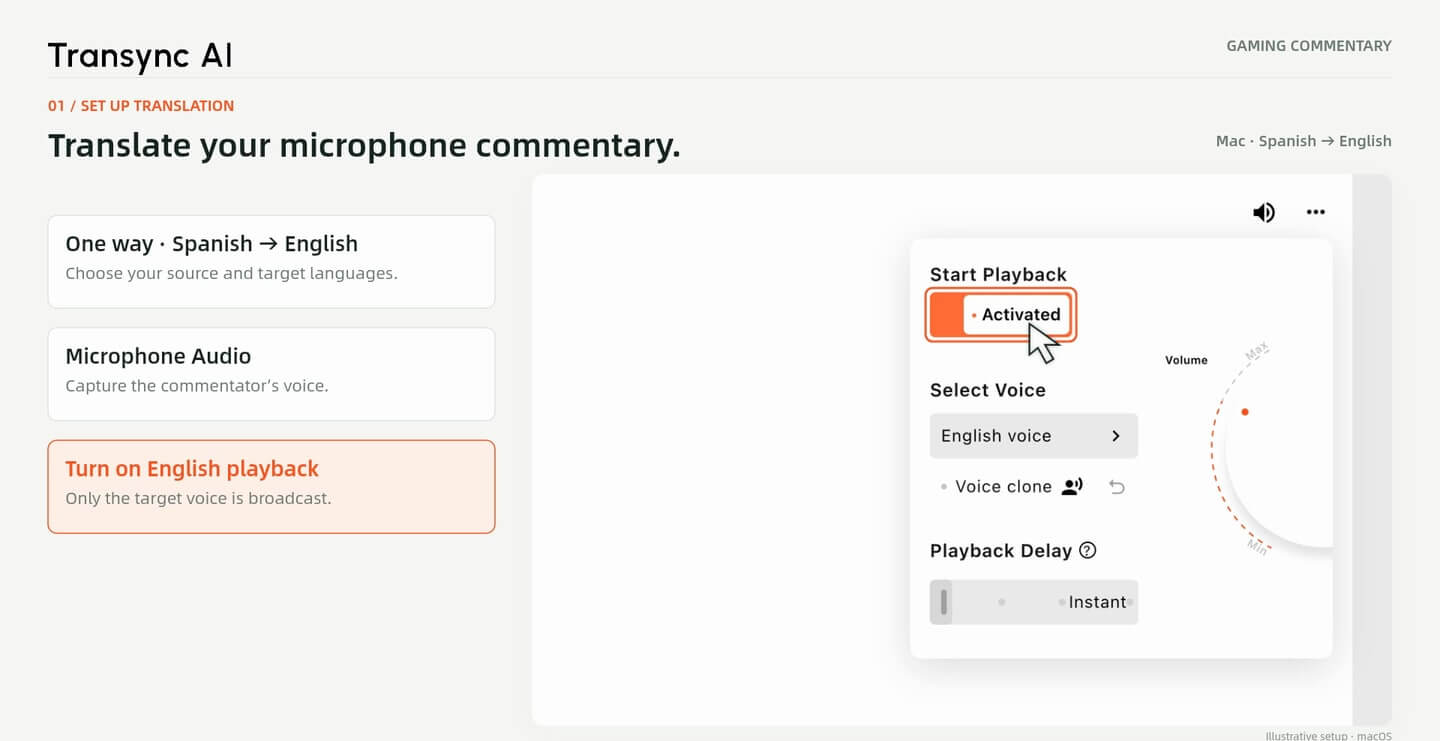 Configuración ilustrativa de Transync AI para comentarios de micrófono en español e inglés y reproducción de voz en inglés.