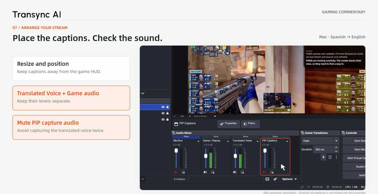 Mezclador ilustrativo de OBS con audio de voz traducido y audio del juego separados, y audio de captura PiP silenciado.