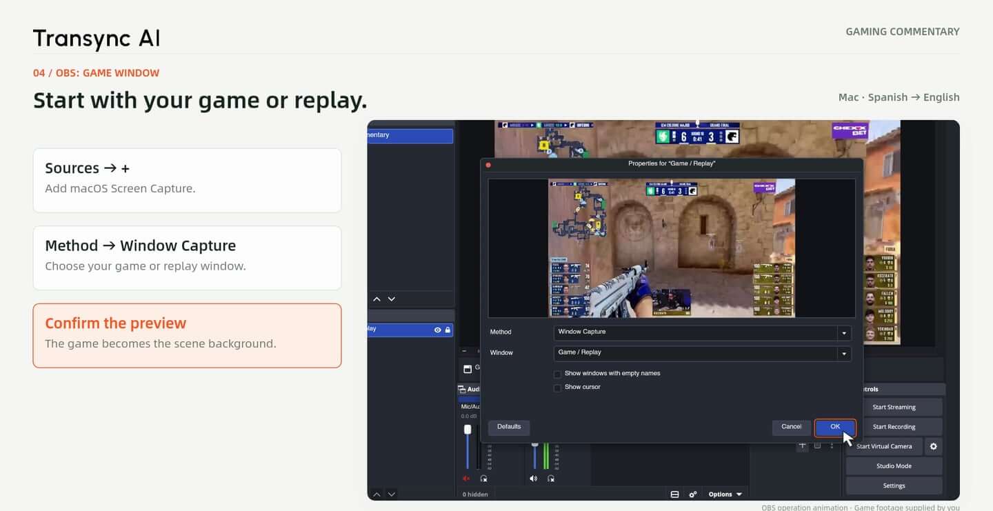 Configuración ilustrativa de OBS para macOS Screen Capture para una ventana de juego o repetición.