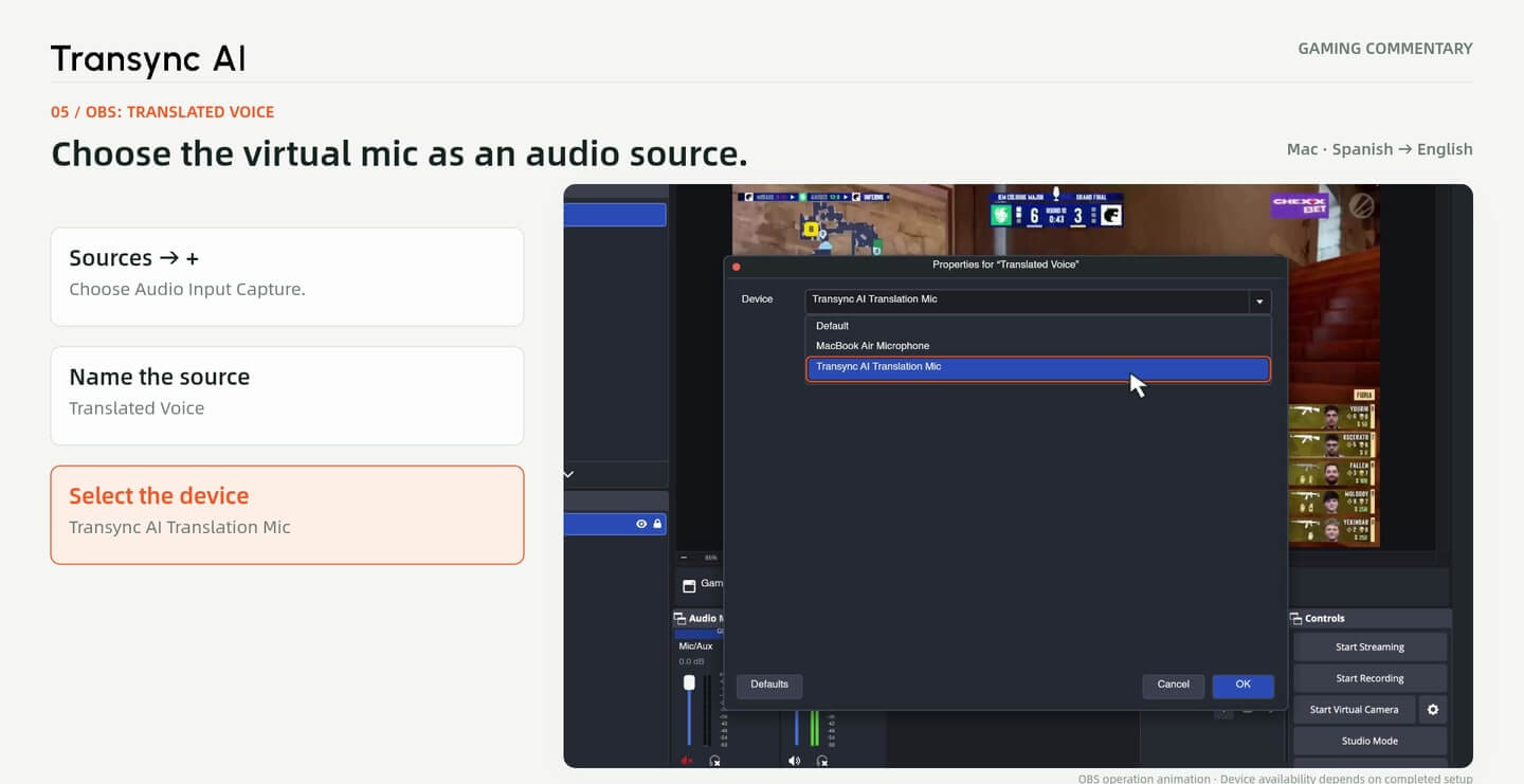 Selección ilustrativa del dispositivo de captura de entrada de audio de OBS: Micrófono de traducción con IA Transync.