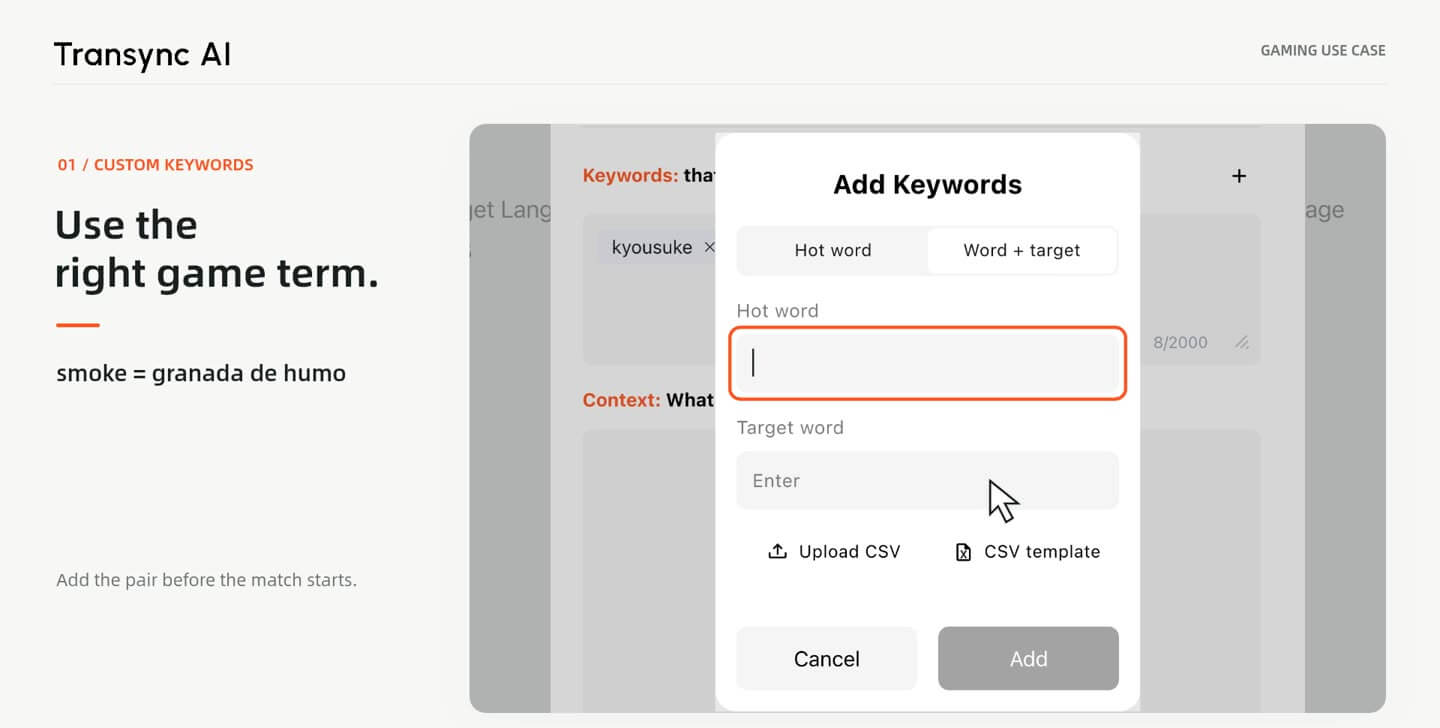 Video demonstration of adding game terms and preferred translations in AI Assistant.