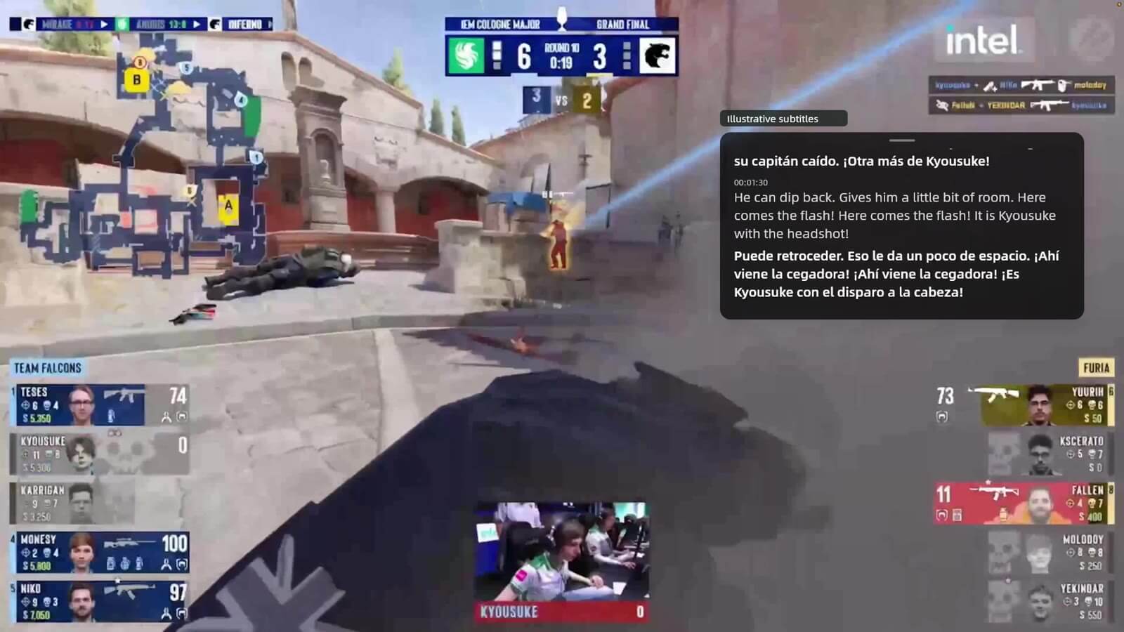 Gaming video frame with illustrative English and Spanish subtitles in Picture in Picture.